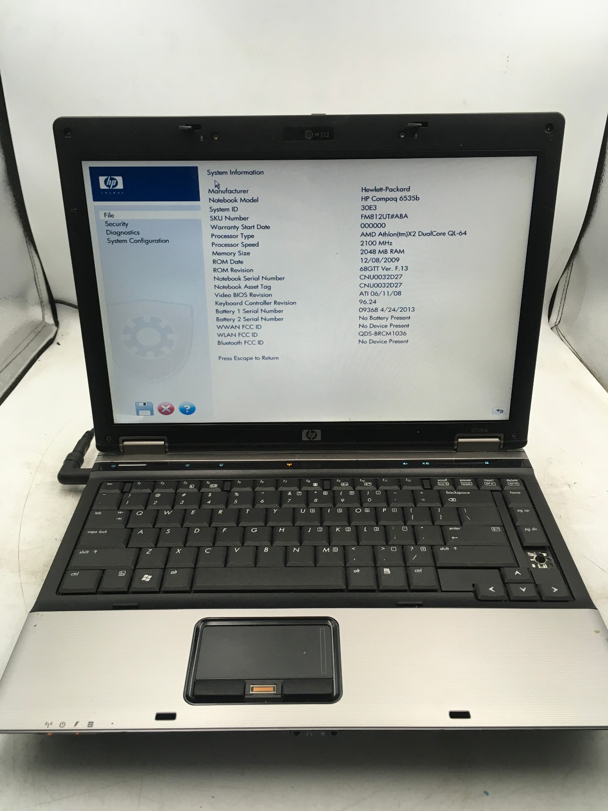 HP COMPAQ 6535B – BOOTS TO BIOS – AMD ATHLON X2 – 2GB RAM – NO OS – READ DESC-BB
