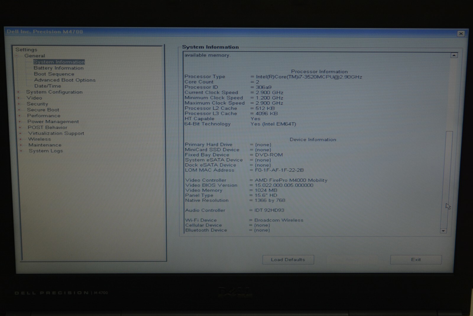 Dell Precision M4700 i7-3520 @ 2.9GHz 4GB Ram No HD #W196