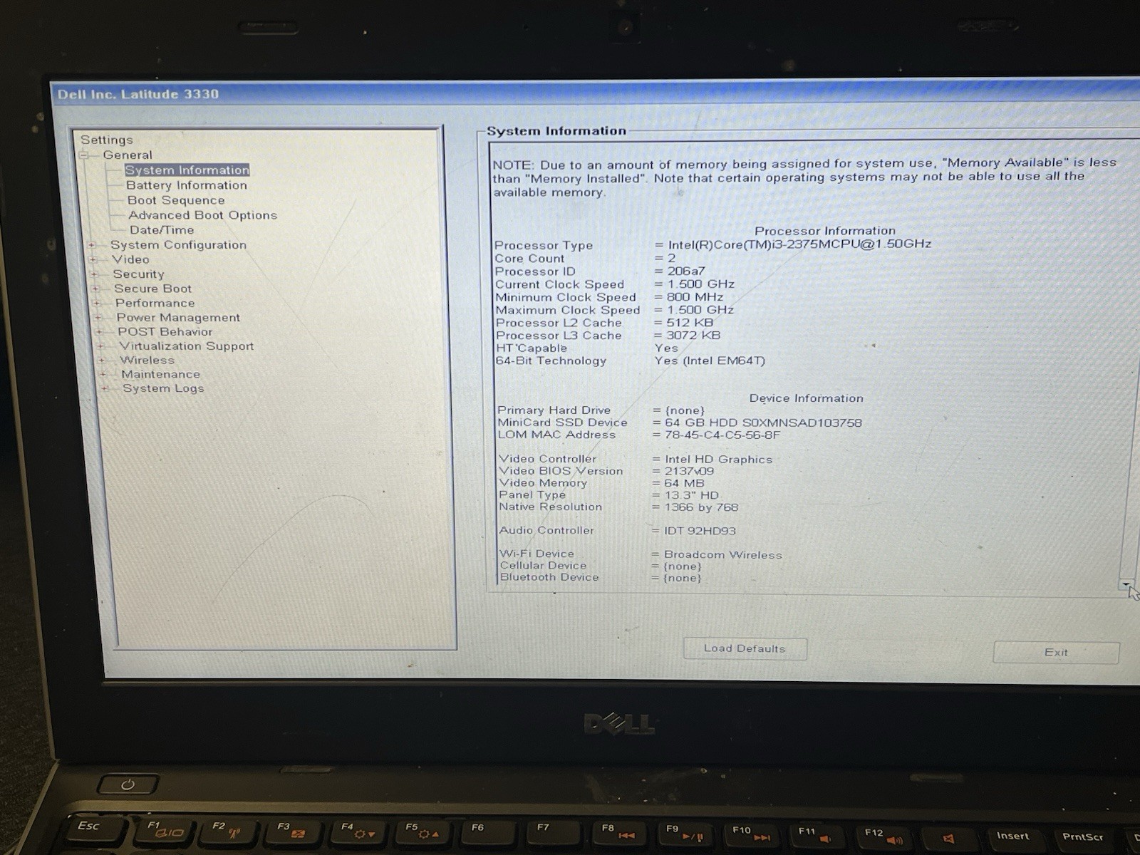 Dell Latitude 3300 13.3″ Intel Core i3-2375M CPU @ 1.50Ghz 4GB Ram 64GB SSD