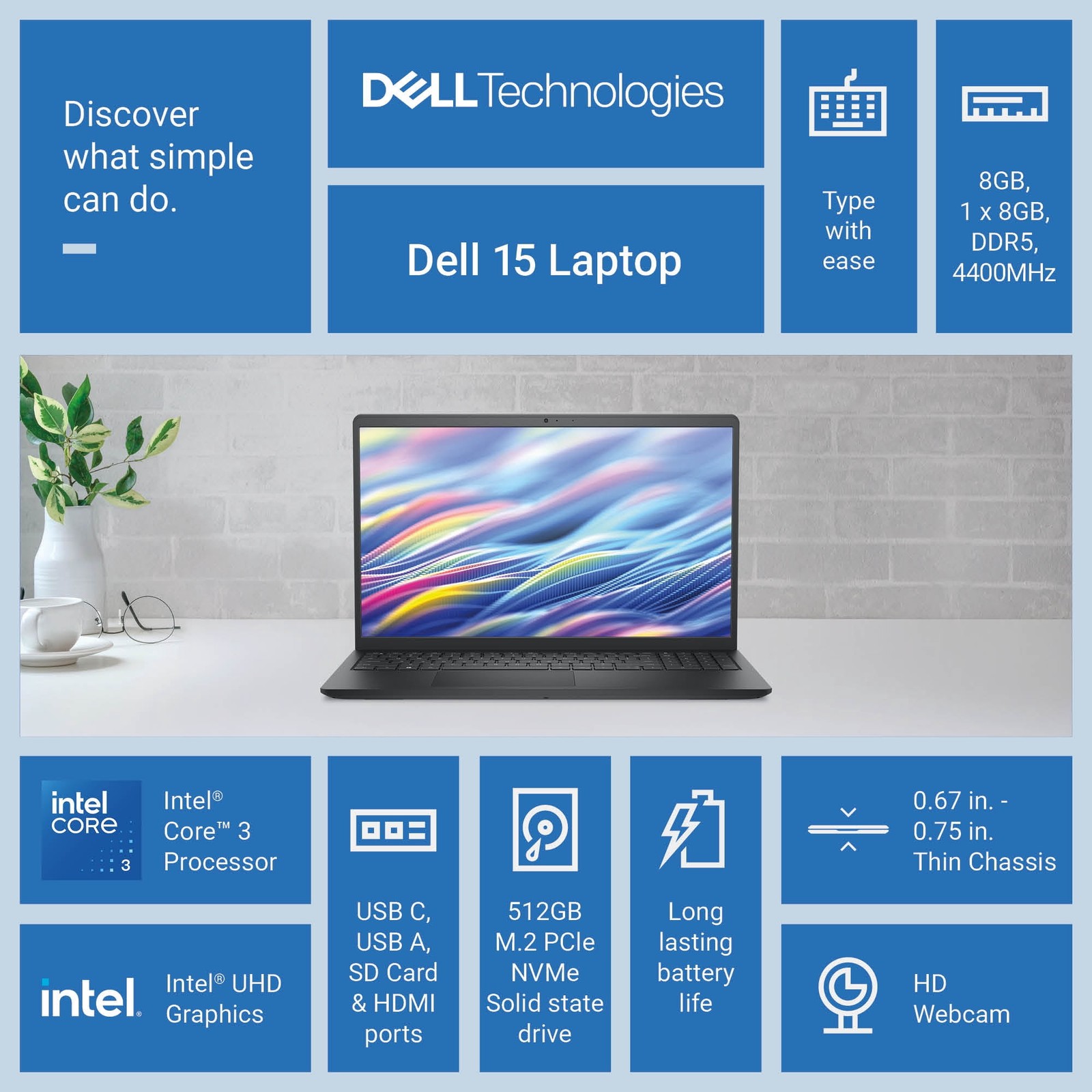Dell Laptop DC15250, 15.6″ FHD 120Hz Display, Intel Core 3 100U, 8GB DDR5 RAM,
