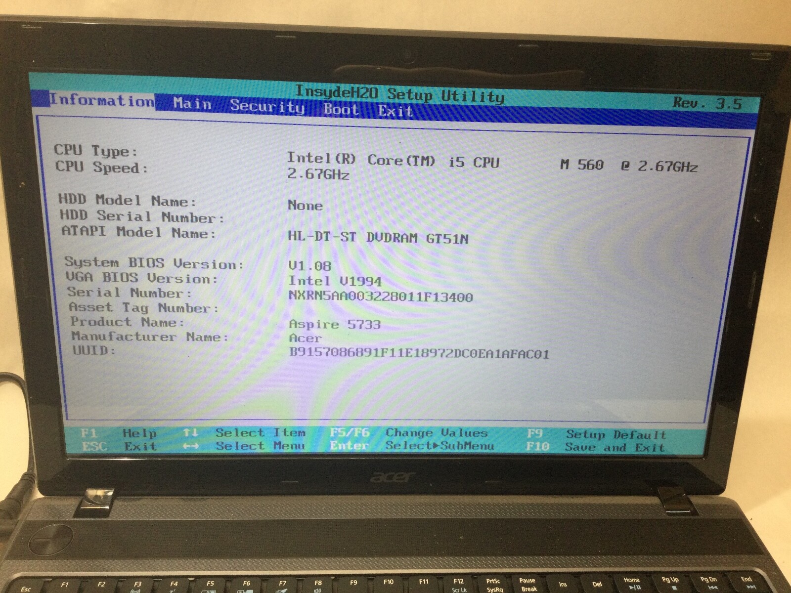 ACER ASPIRE 5733 – INTEL I5 M560 – 4GB RAM – BOOTS TO BIOS – READ DESCRIPTION-BB