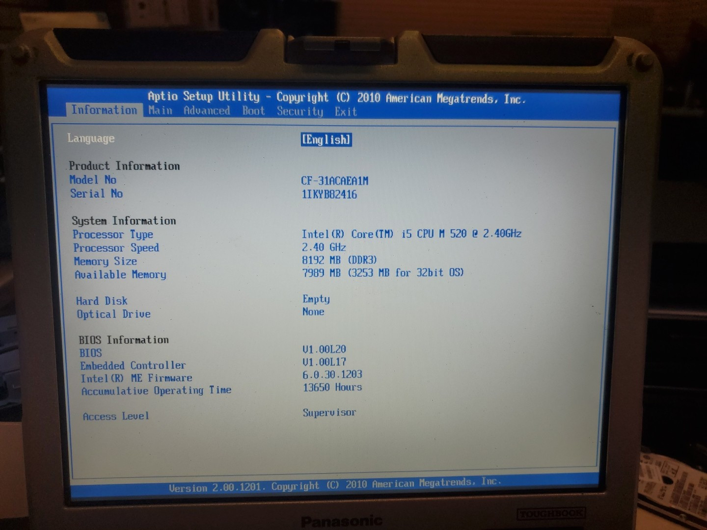 Panasonic Toughbook CF-31 MK-1 i5 520M @ 2.40GHz 8GB 13420HRS Diesel Rubber Kb