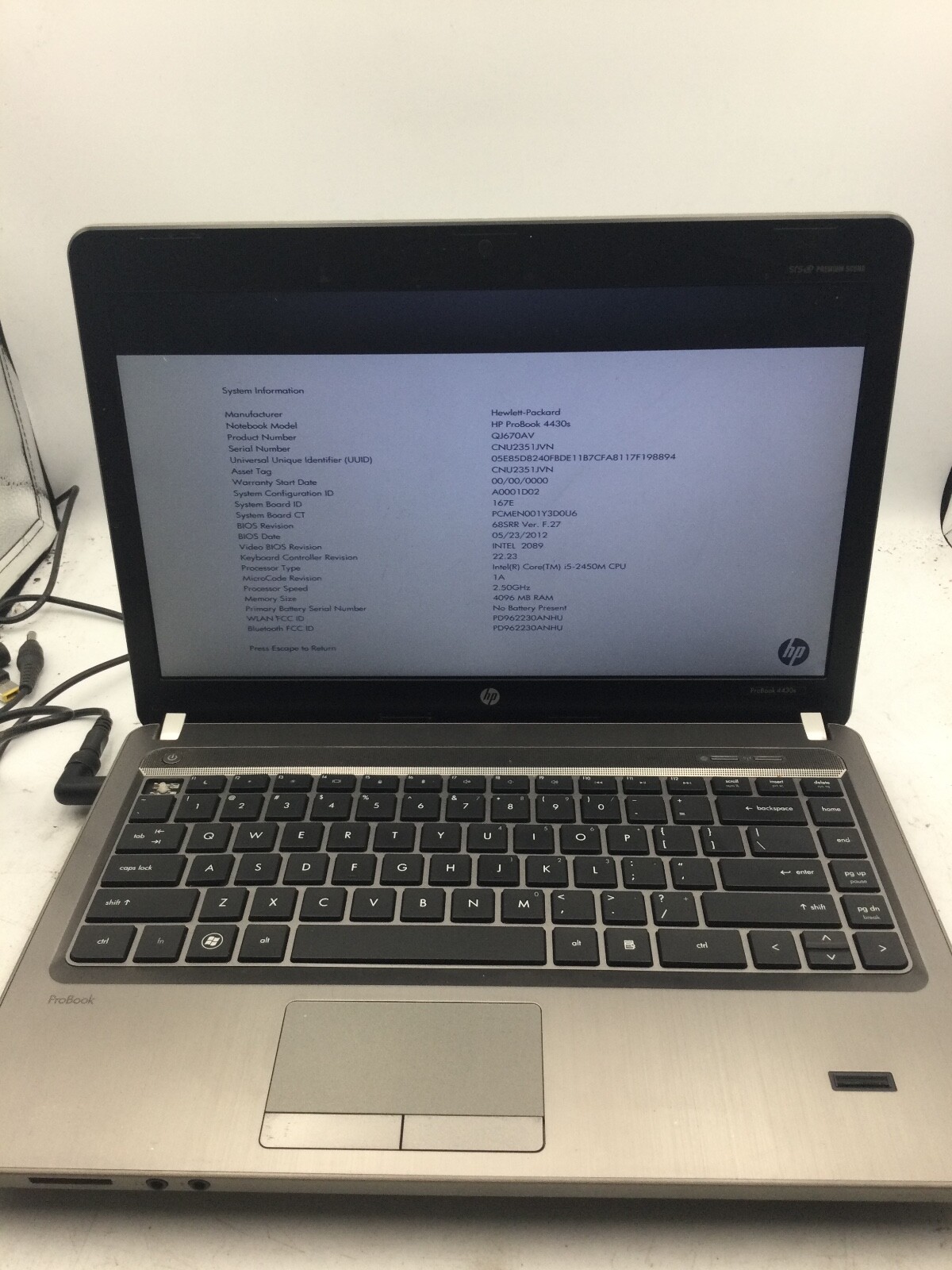 HP PROBOOK 4430s – BOOTS TO BIOS – INTEL I5 2450M – 4GB RAM -READ DESCRIPTION-BB