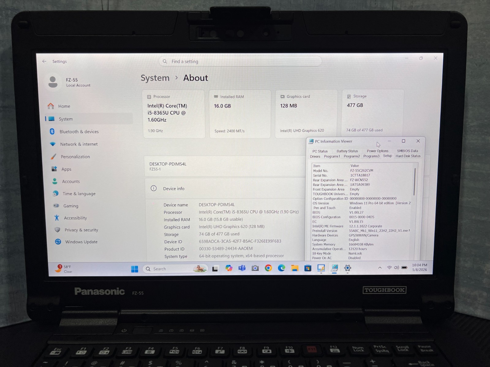 FZ-55C262CVM i5-8365U, 512GB SSD,16GB Mem,GPS,VGA,HDMI,Touchscreen,Win11 25H2.