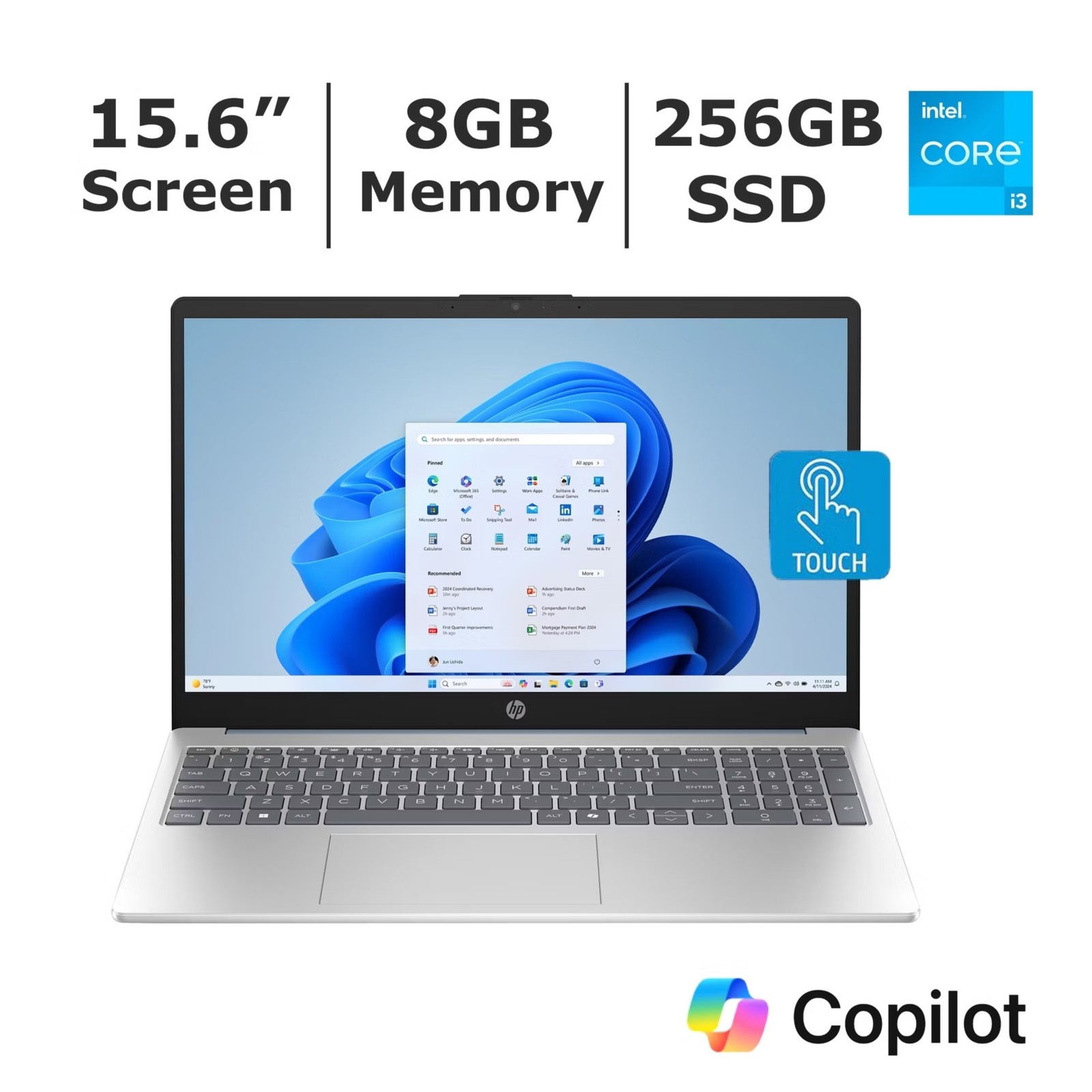 HP 15.6″ Touchscreen Laptop Core i3 N305 8GB 256GB CoPilot Blue B89P1UA