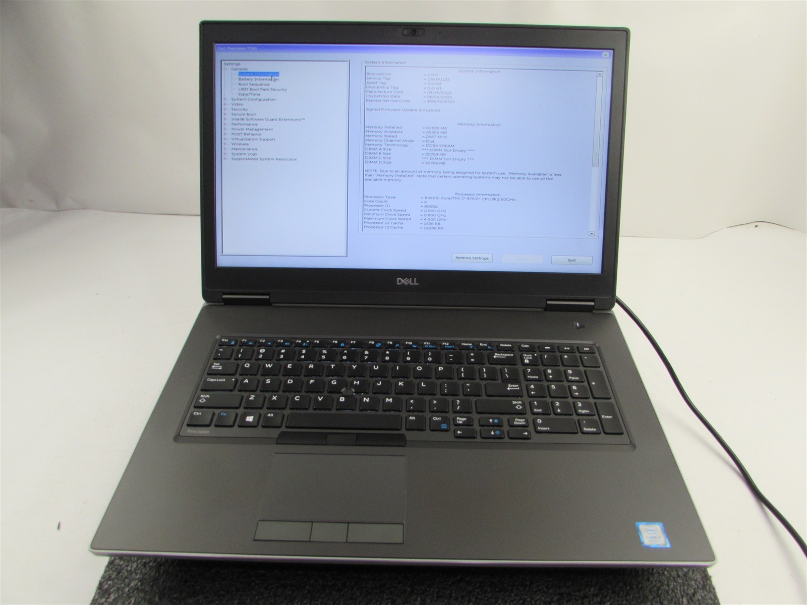 DELL PRECISION 7740 17.3″ I7-9750H NO SSD 64GB RAM NVIDIA RTX 4000 NO O.S/BATT