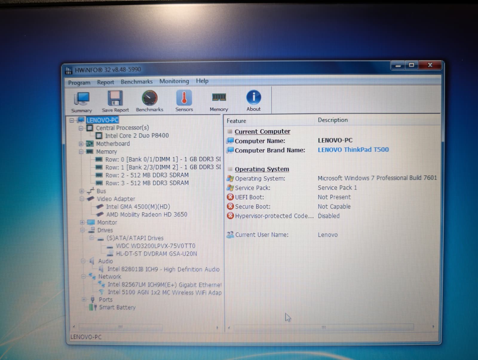 Lenovo ThinkPad T500 | C2D P8400 3GB RAM 320GB HDD | DVD AMD Win 7 Pro 32-Bit
