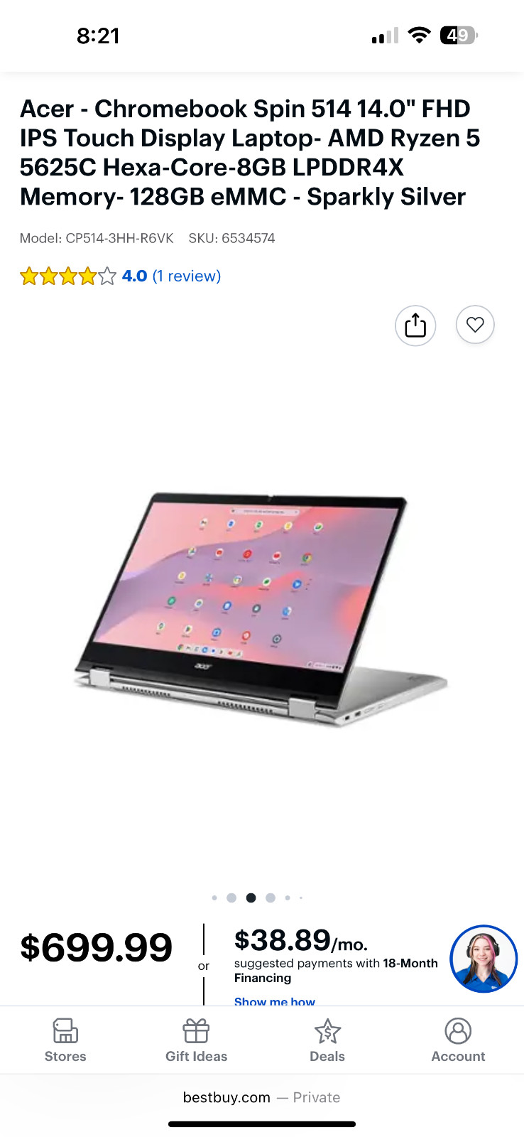 Acer Chromebook Plus Spin 514 14.0 TOUCH Intel Core 5 16GB RAM 256SSD Steel Gray