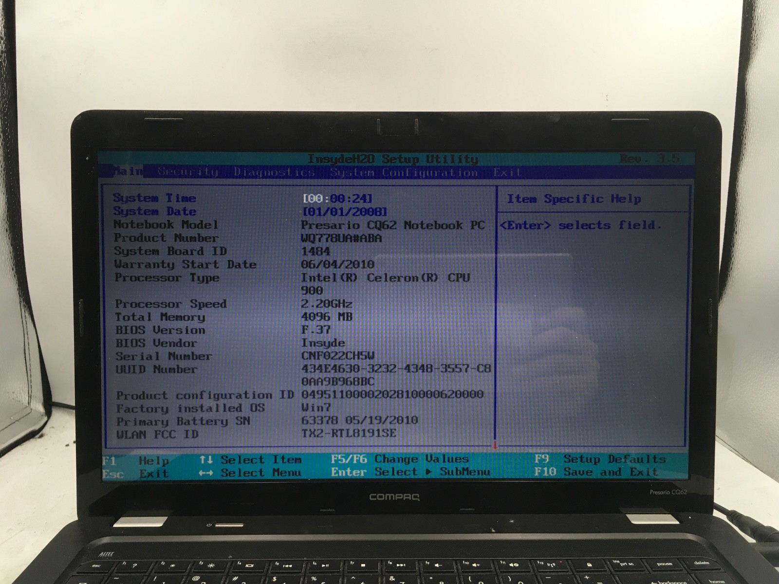 COMPAQ PRESARIO CQ62 – BOOTS TO BIOS – INTEL CELERON – 4GB RAM – READ DESC – BB