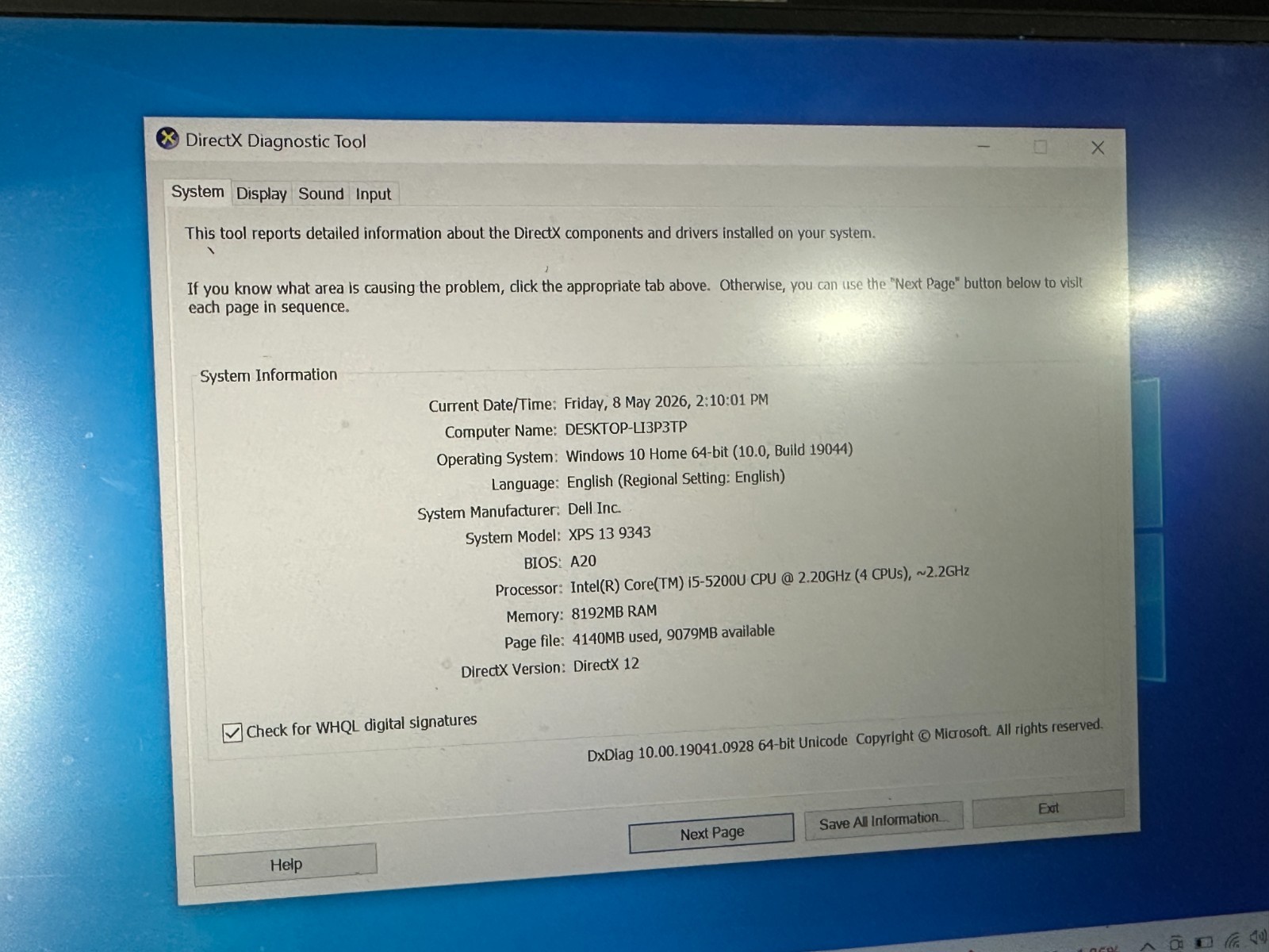 DELL XPS 13 9343 LAPTOP WINDOWS 10 HOME , 256 GB SSD 8 GB RAM – READ DESCRIPTION