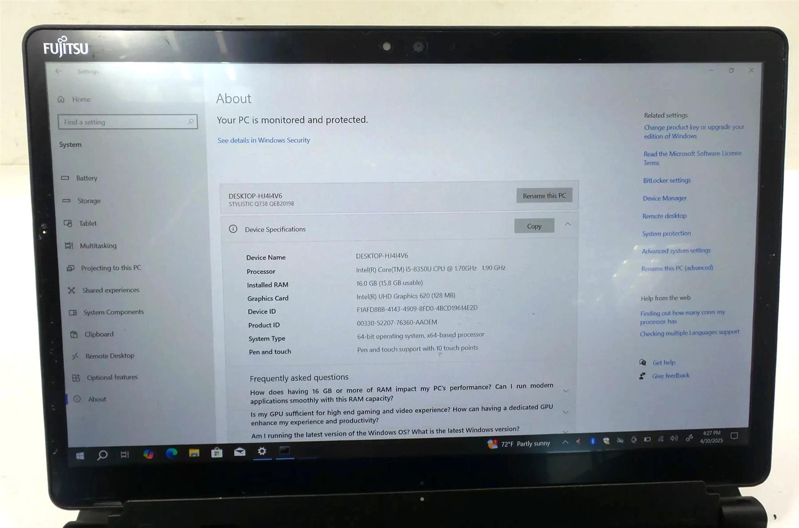 Fujitsu Stylistic Q738 Core i5-8350U 1.7GHz 16GB 128GB Windows 10