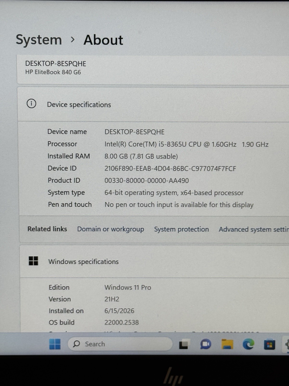 HP EliteBook 840 G6 14″ i5-8365U 8GB 238GB SSD Win 11 Pro Silver *SEE PICS*