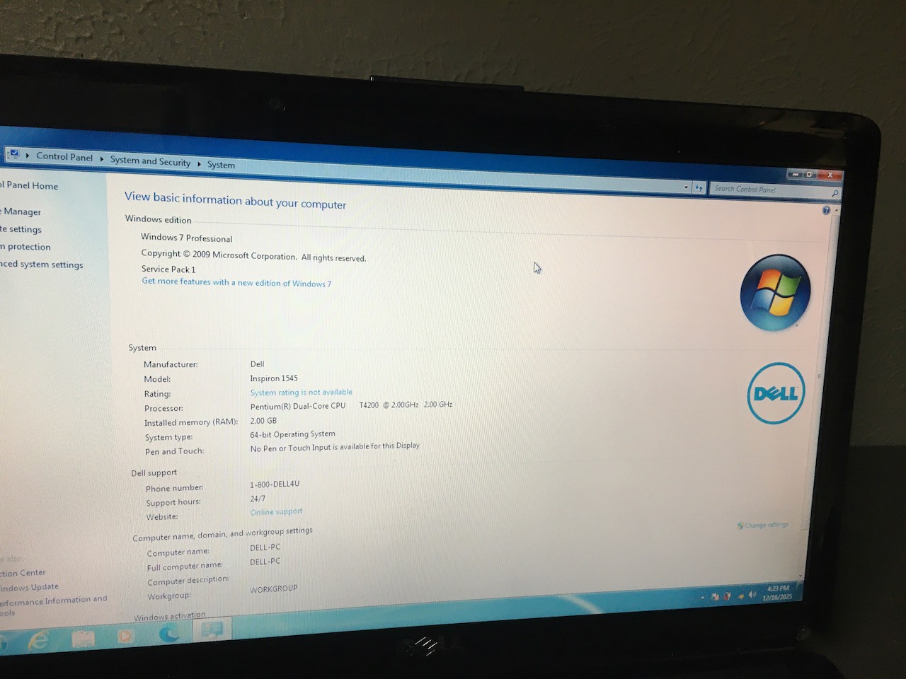 Dell Inspiron 1545 Pentium Dual-Core T4200 2GB 250GB Windows 7 Pro Optical DVD