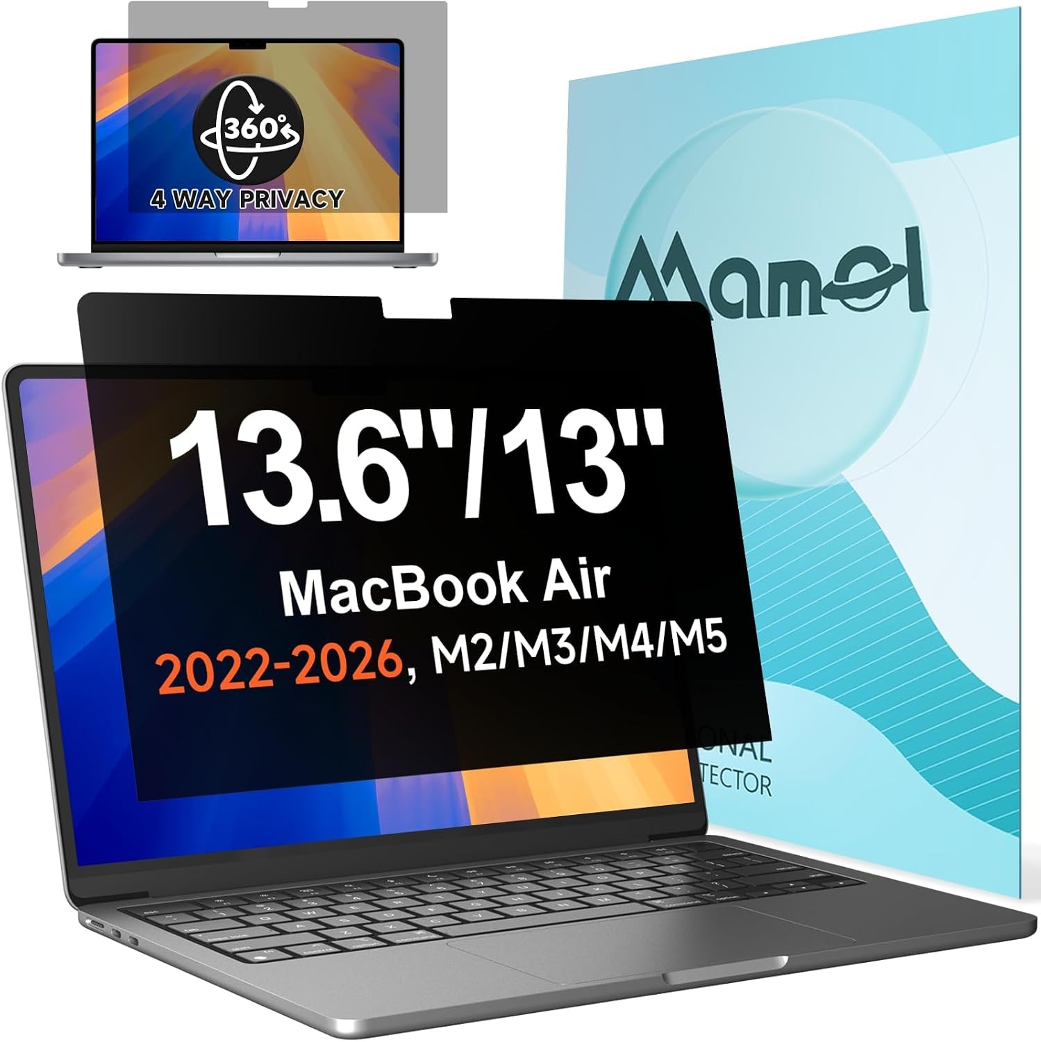 360-Degree Privacy Screen for 13.6″ MacBook Air 2022-2026, Anti-Glare Blue Light