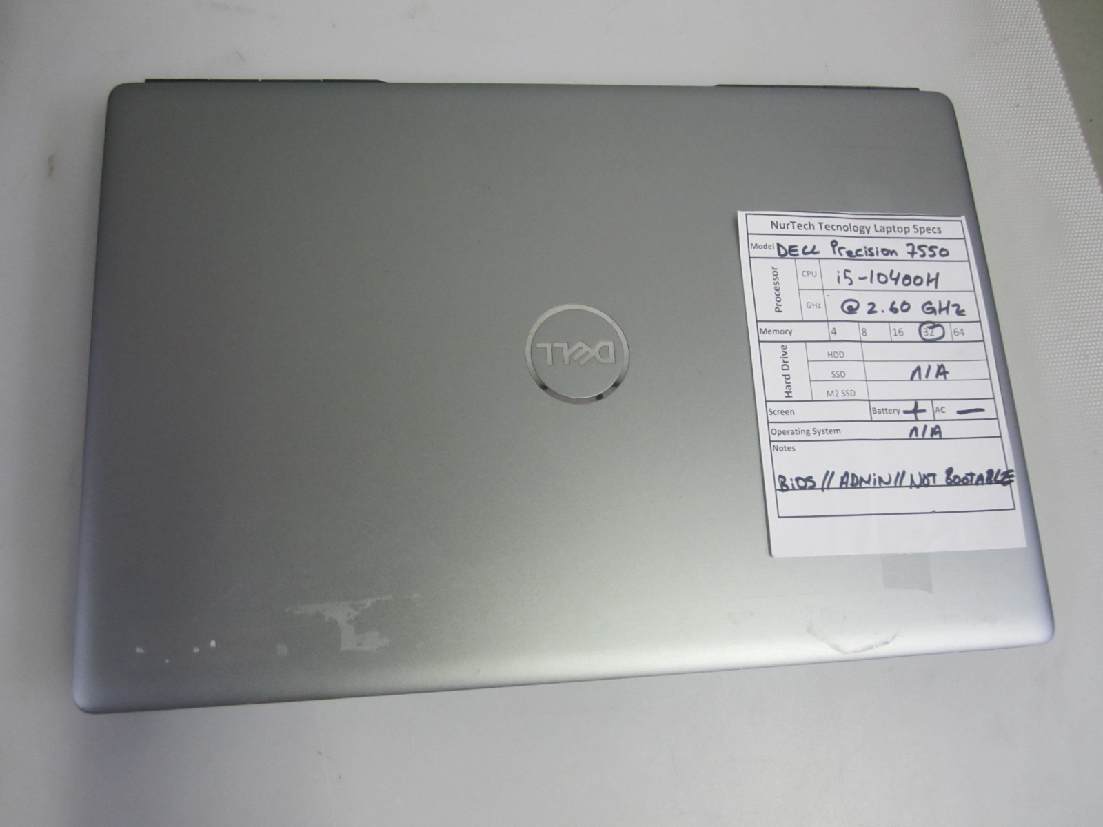 Dell Precision 7550 i5-10400H 2.60GHz 32GB NO HDD/AC/OS Laptop BIOS