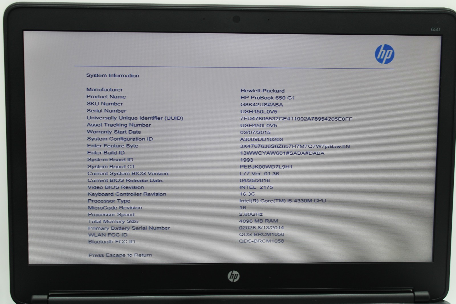 HP ProBook 650 G1 _ i5-4300M @ 2.8 _ 4GB RAM _ No SSD / OS