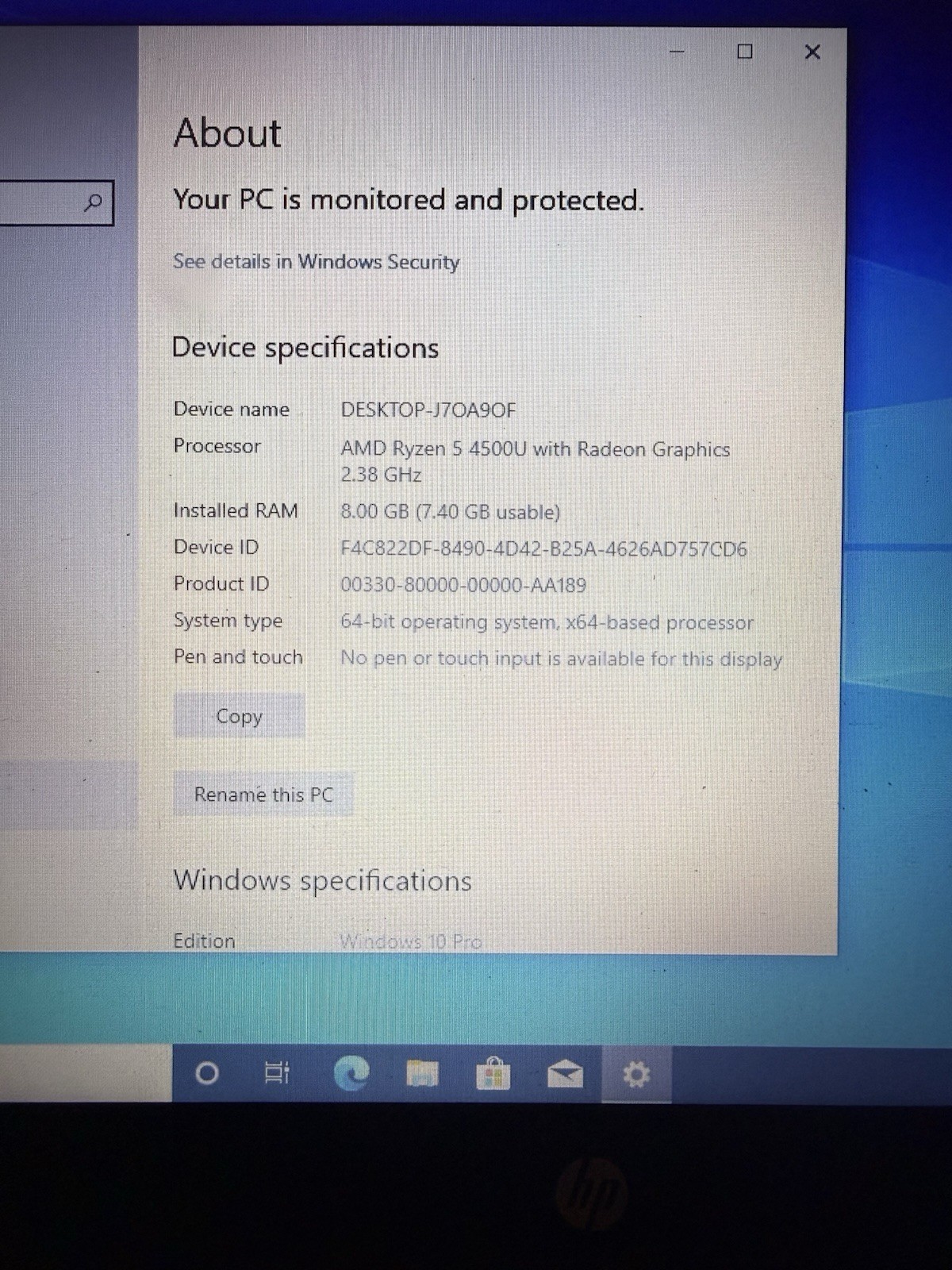 HP probook 445 G7 Ryzen 5 4500U 2.38GHz 8GB 256GB