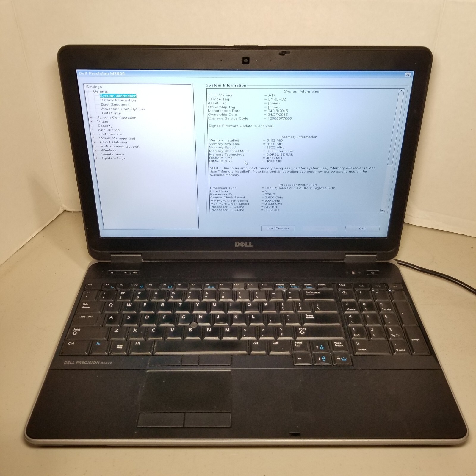 Dell Precision M2800 15.6″ i5 4210M 2.60GHZ 8GB RAM No HDD/SSD/OS! #69