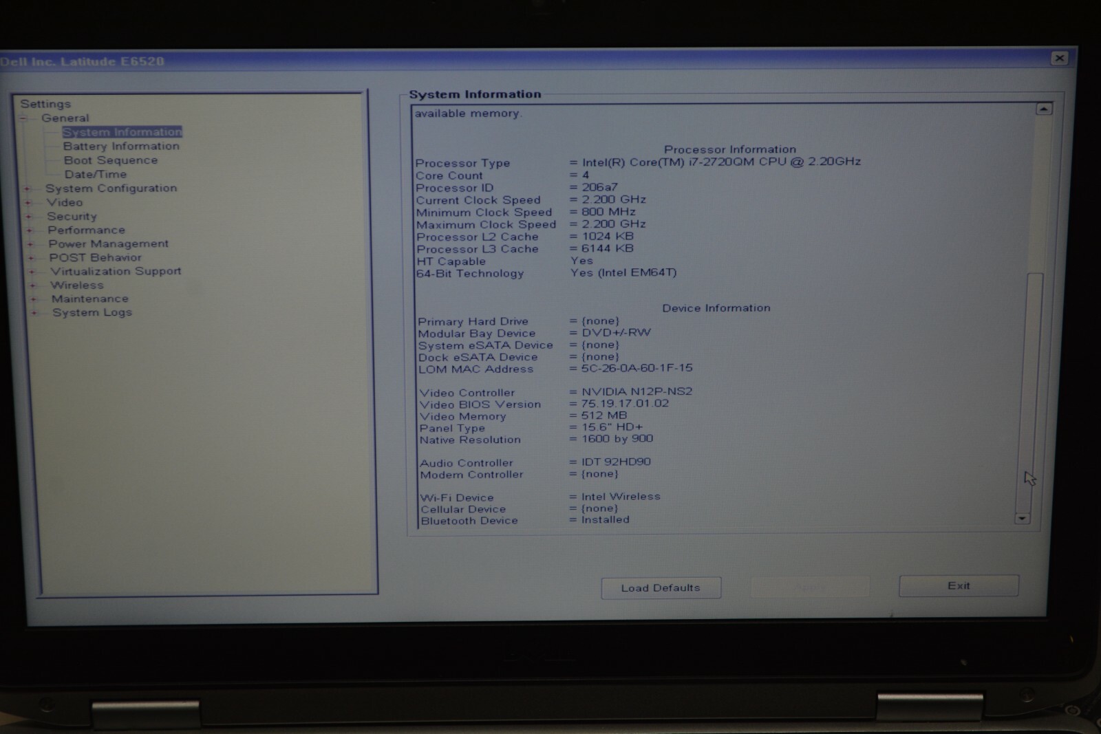 Dell Latitude E6520 Intel Core i7-2720QM 2.20GHZ 4GB Ram No HD #Z449