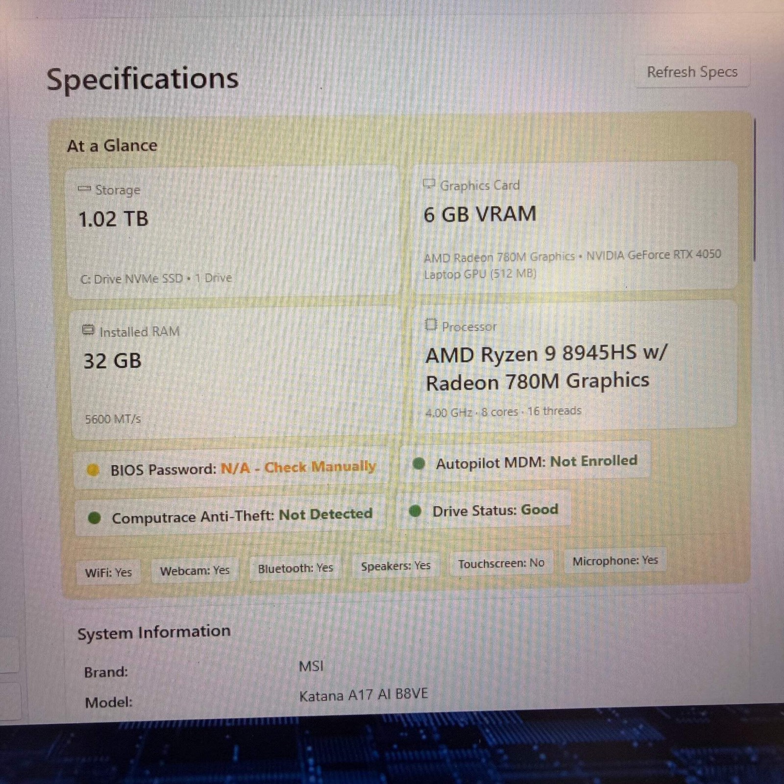MSI Katana A17 AI B8VE 17.3″ Ryzen 9 8945HS 32GB RAM 1TB SSD GeForce RTX 4050