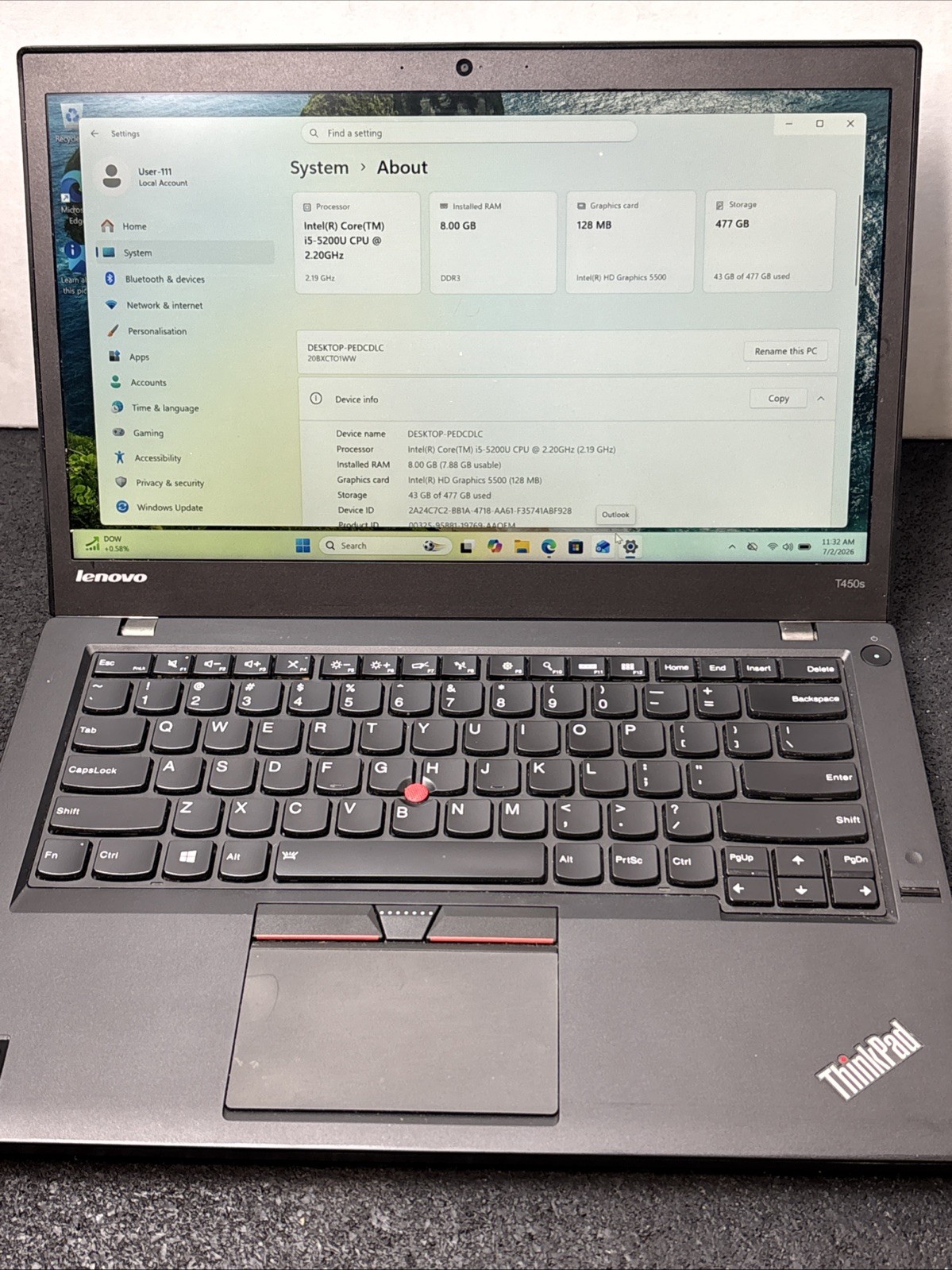 Lenovo ThinkPad T450s 14″ i5-5200U, 256GB SSD, 8GB RAM, FP Reader, Win 11 *NICE*