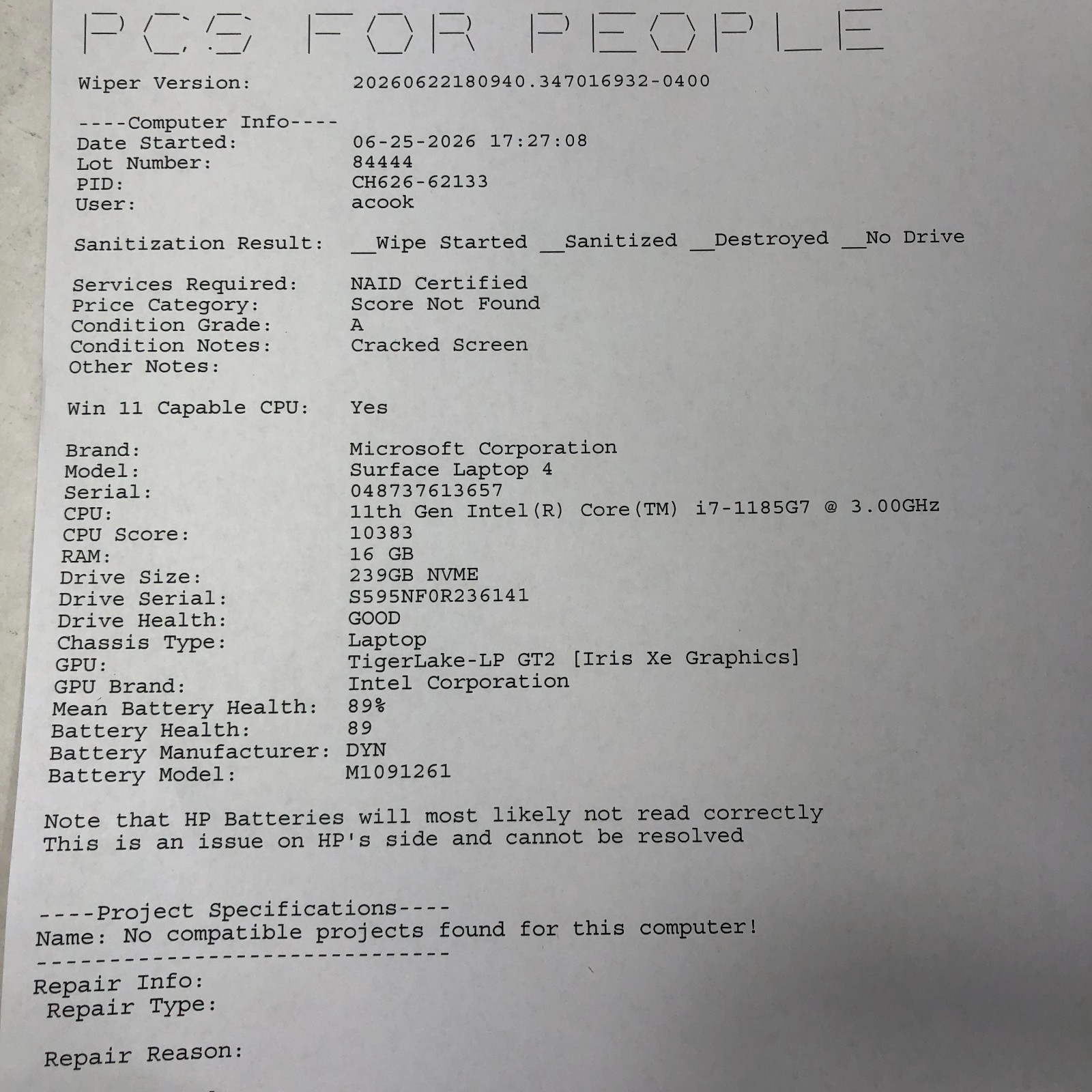 Microsoft Surface Laptop 4 1951 Intel Core i7-1185G7 16GB 256GB NVME *READ*