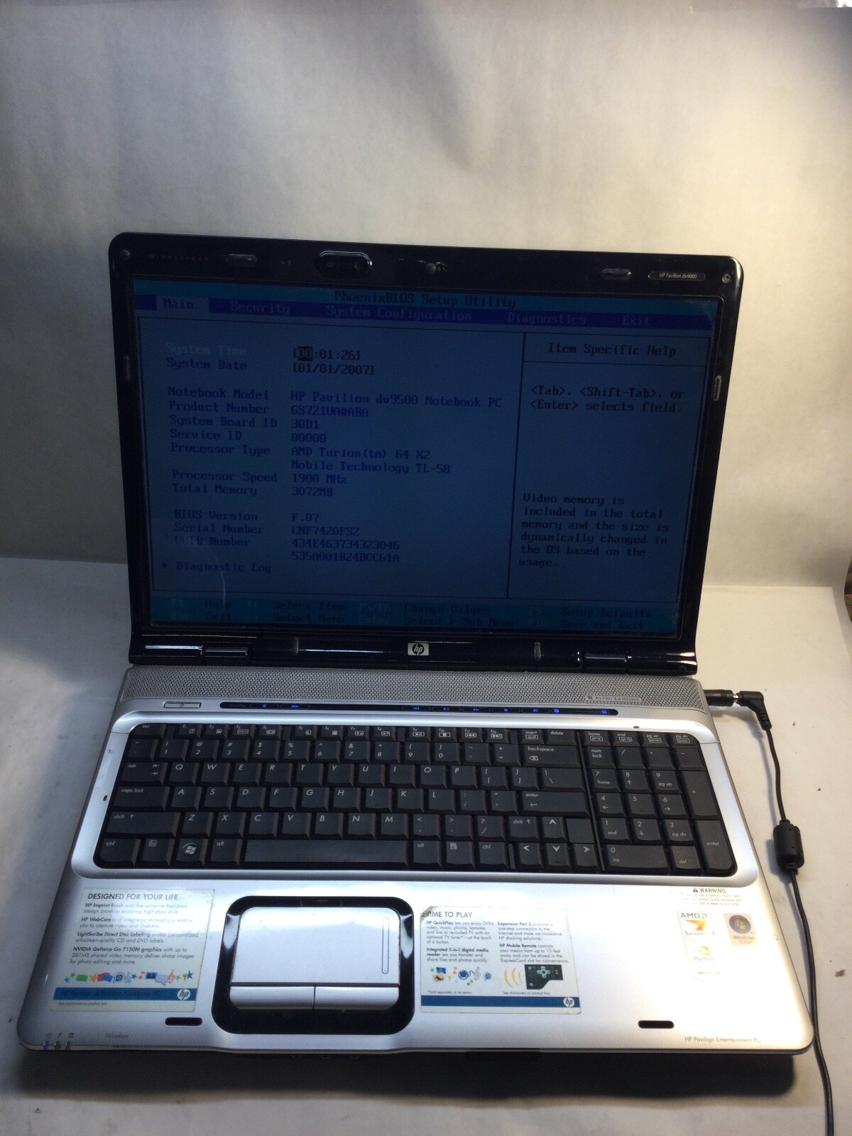 HP Pavilion dv9500 17″ Laptop AMD Turion 64 X2- DIM BACKLIGHT- MZ