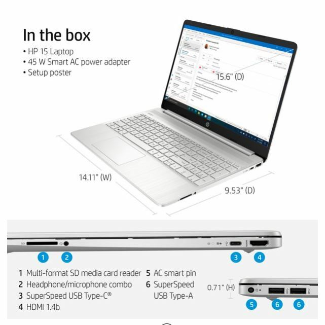 HP 15.6″ Laptop Intel Core i3-1115G4 8GB RAM 256GB SSD Windows 10 Home Silver