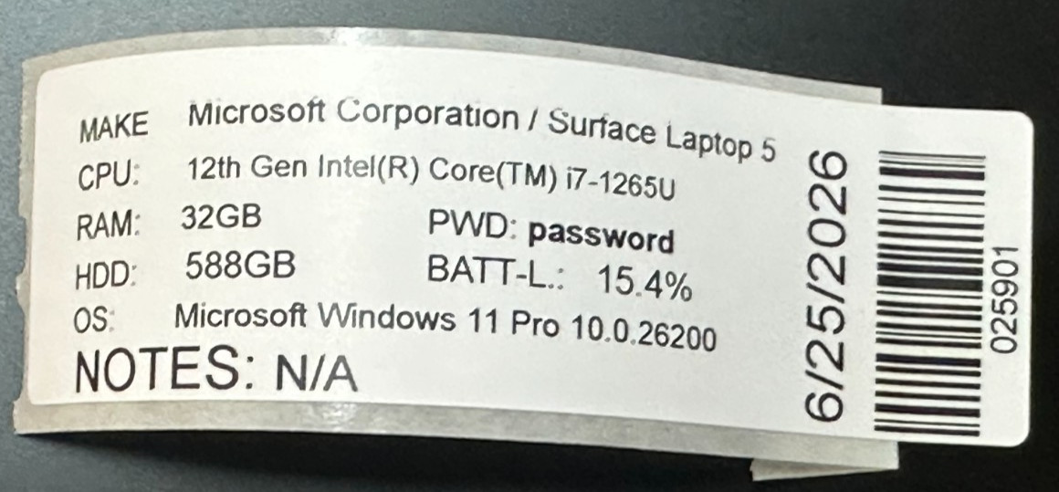 MICROSOFT SURFACE 5 LAPTOP CORE i7-1265u @ 2.70GHZ 32GB RAM 588 GB SSD (lp726)