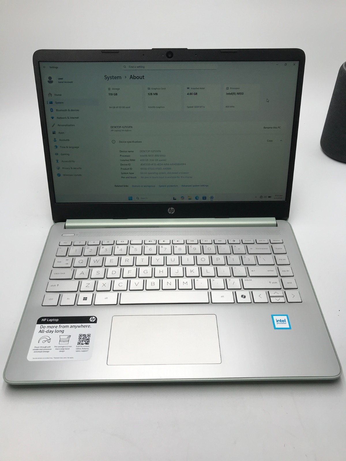 HP 14-dq6013dx 14″ Intel N150 4GB DDR4 128GB UFS W11H Laptop, Willow Green(L-17)