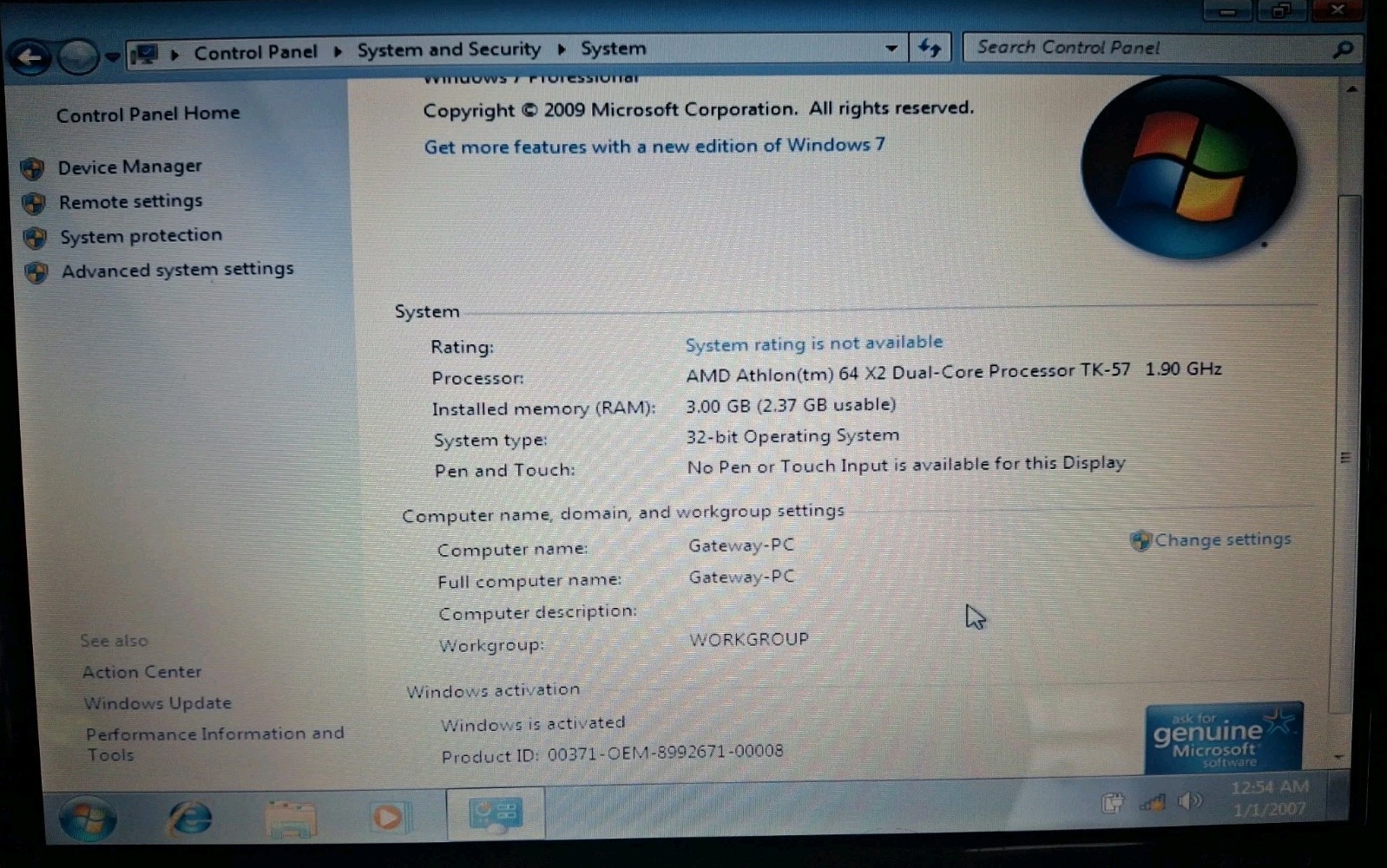 14″ Gateway T-Series W350A AMD Athlon 64 X2 1.90GHz/3GB/160GB/DVD/WiFi/Win7Pro