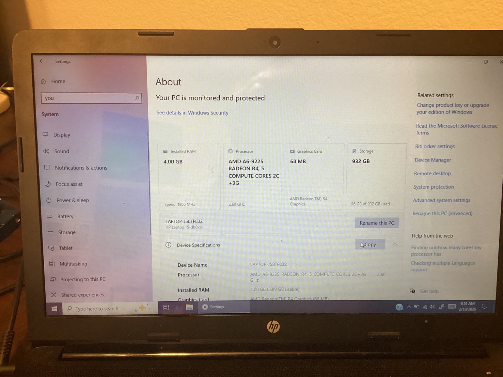 HP 15-DB0011DX 15.6″ Laptop Windows 10 Home AMD A6-9225 4GB Memory 1TB Working
