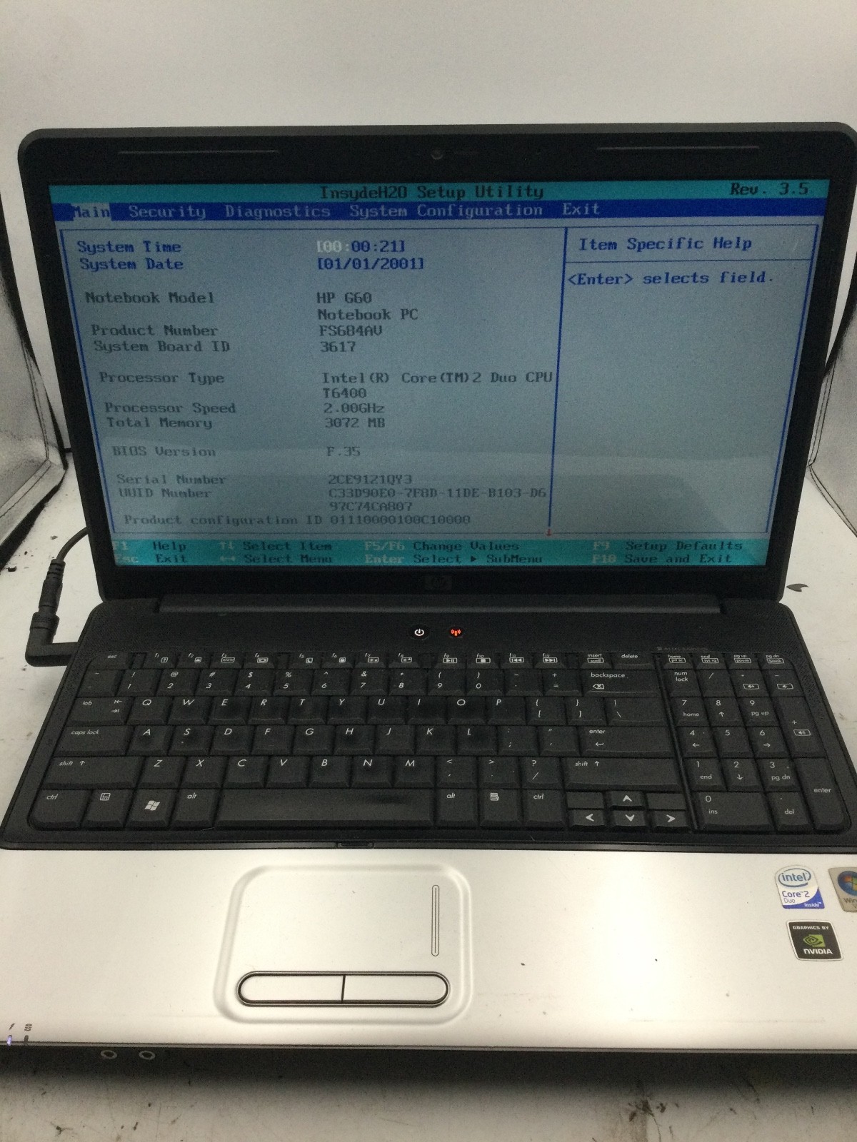 HP G60 LAPTOP – BOOTS TO BIOS – INTEL CORE 2 DUO – 3GB RAM – READ DESCRIPTION-BB