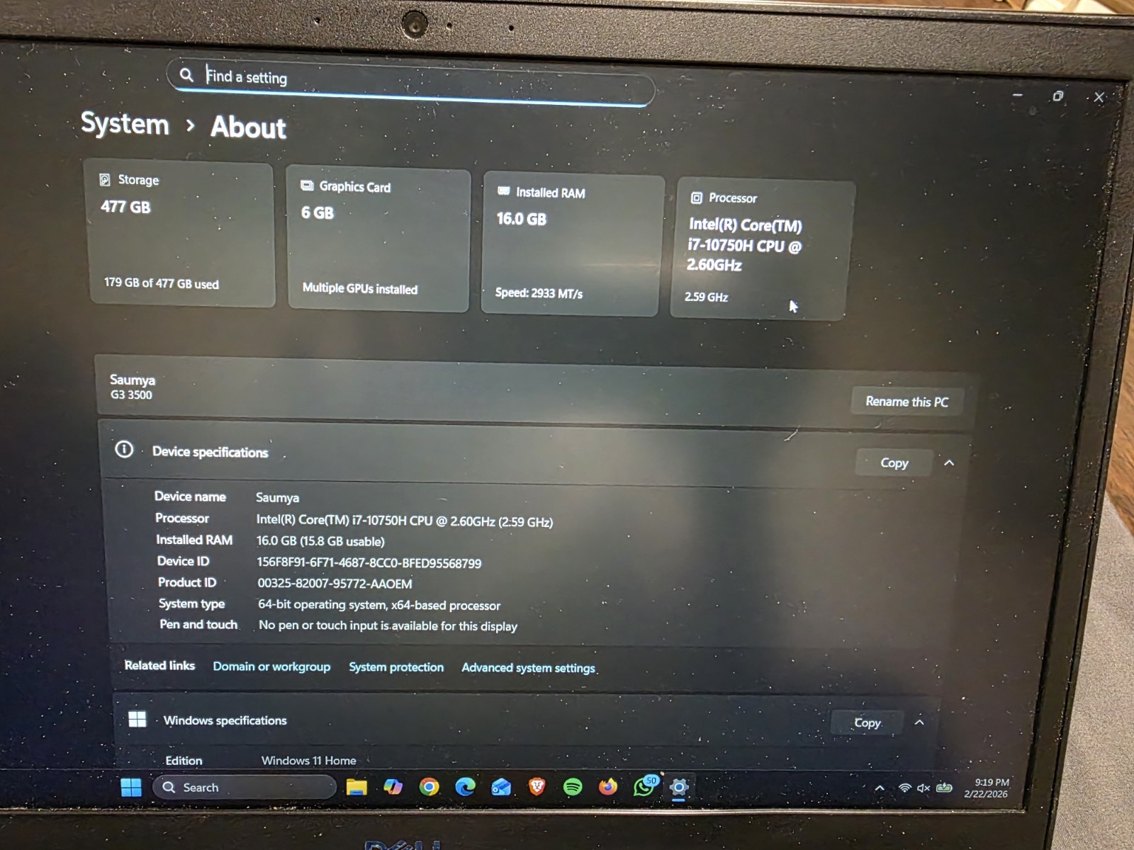 Dell G3 3500 laptop, Intel(R) Core(TM) i7-10750H CPU, 16gb Ram, 6gb Graphics