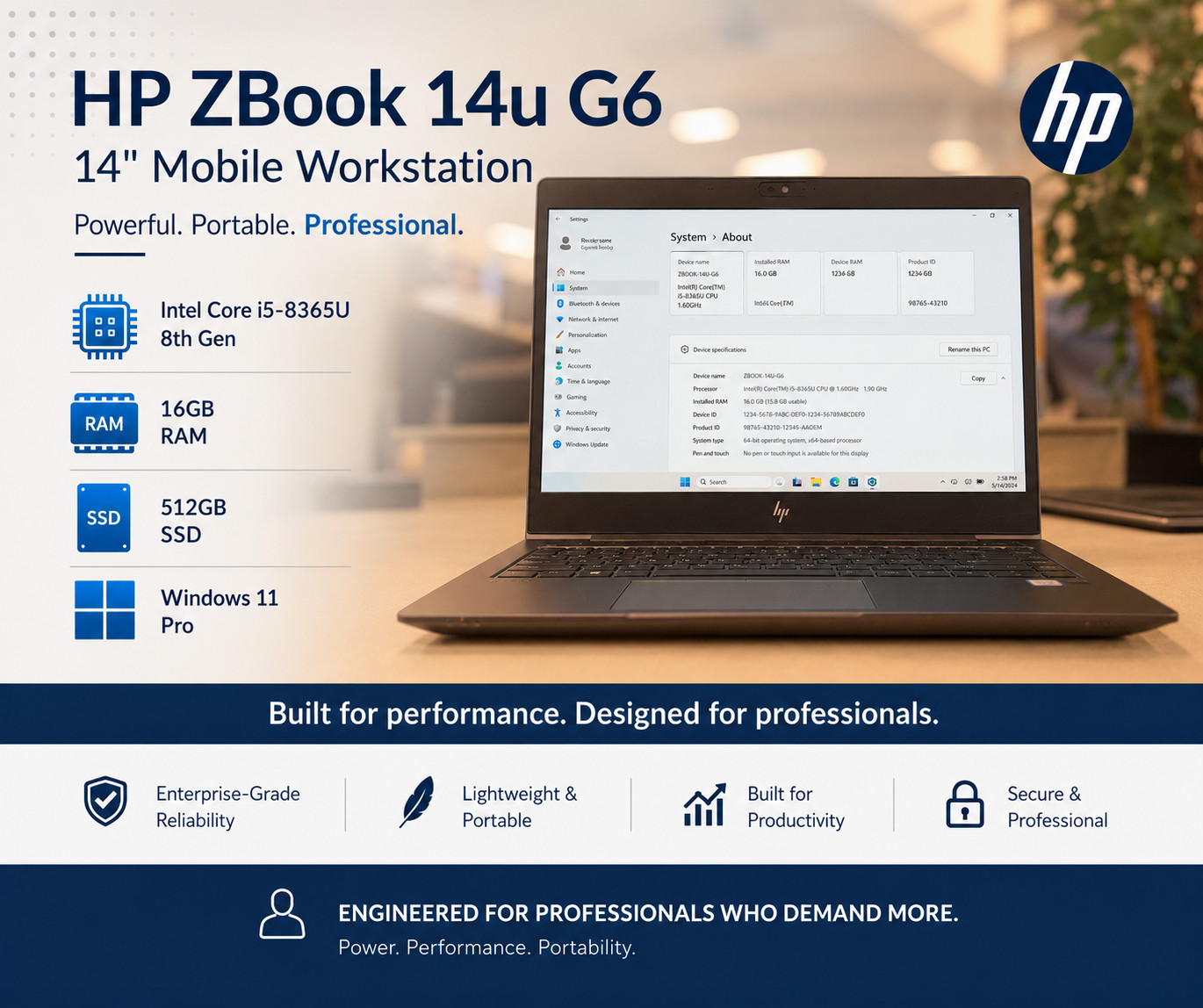 HP ZBook 14u G6 14″ Mobile Workstation i5-8365U 16GB RAM 512GB SSD Win 11 Pro