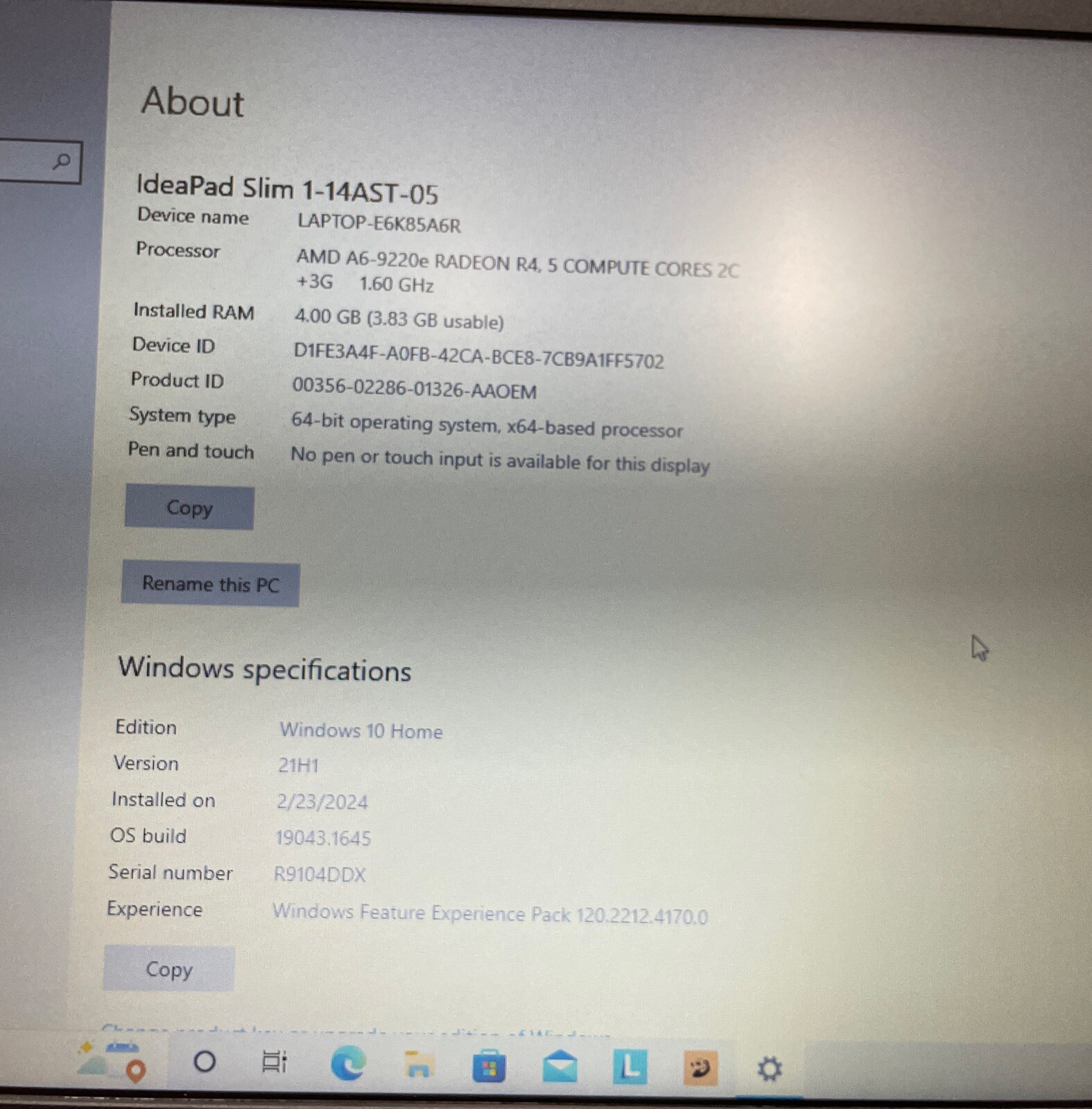 Lenovo IdeaPad Slim 1-14AST-05 AMD A6-9220E 1.6Ghz 4GB 64GBSSD EMMC