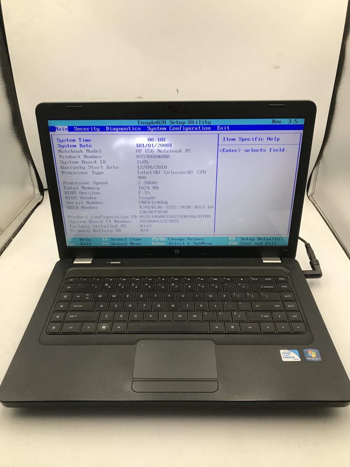 HP G56 129WM NOTEBOOK – BOOTS TO BIOS – INTEL CELERON – NO RAM -READ DESCRIP- BB
