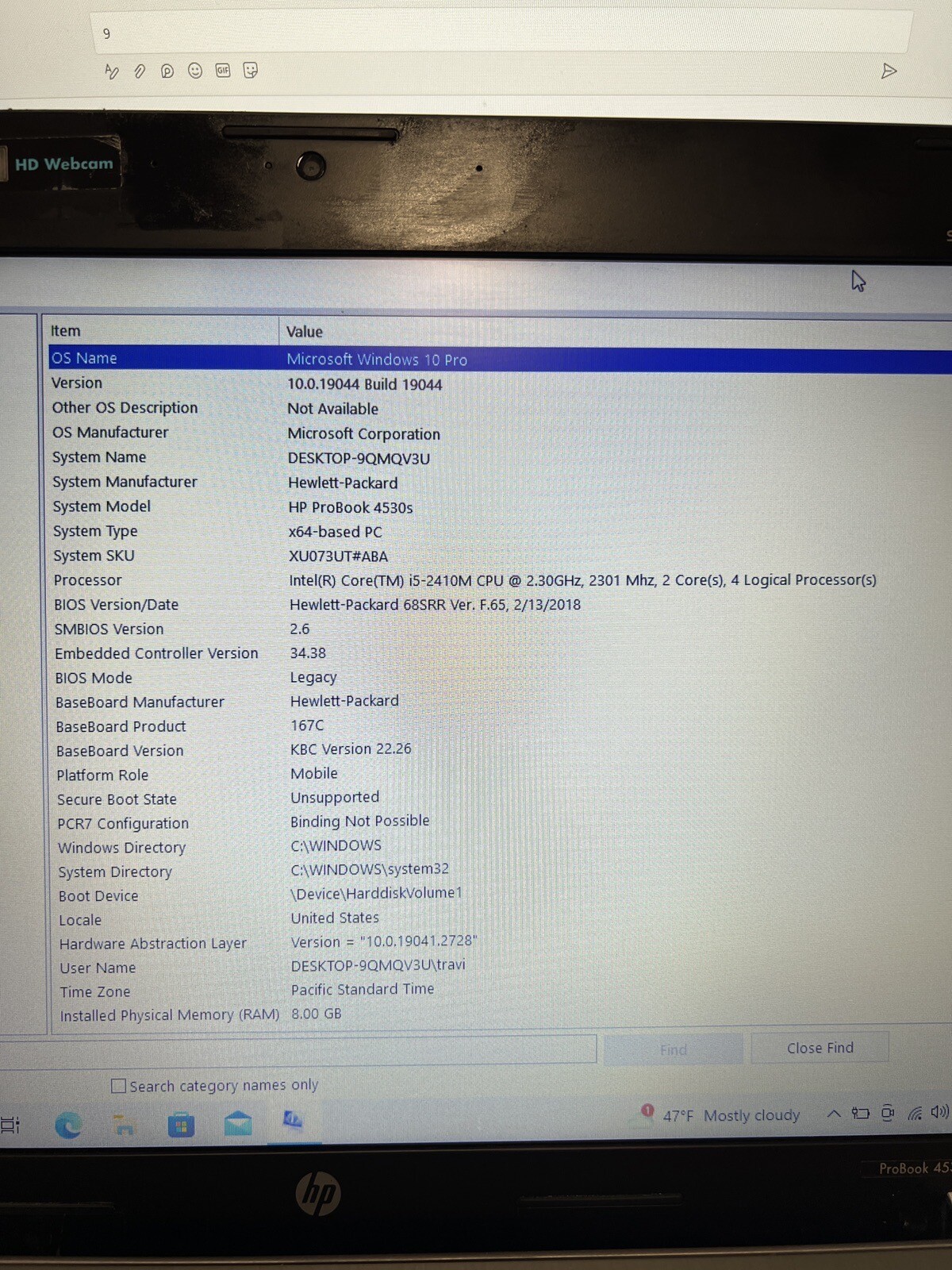 HP ProBook 4530s Intel Core i5 2.5GHz 8GB RAM 120GB SSD Win 10 Pro Bad Battery