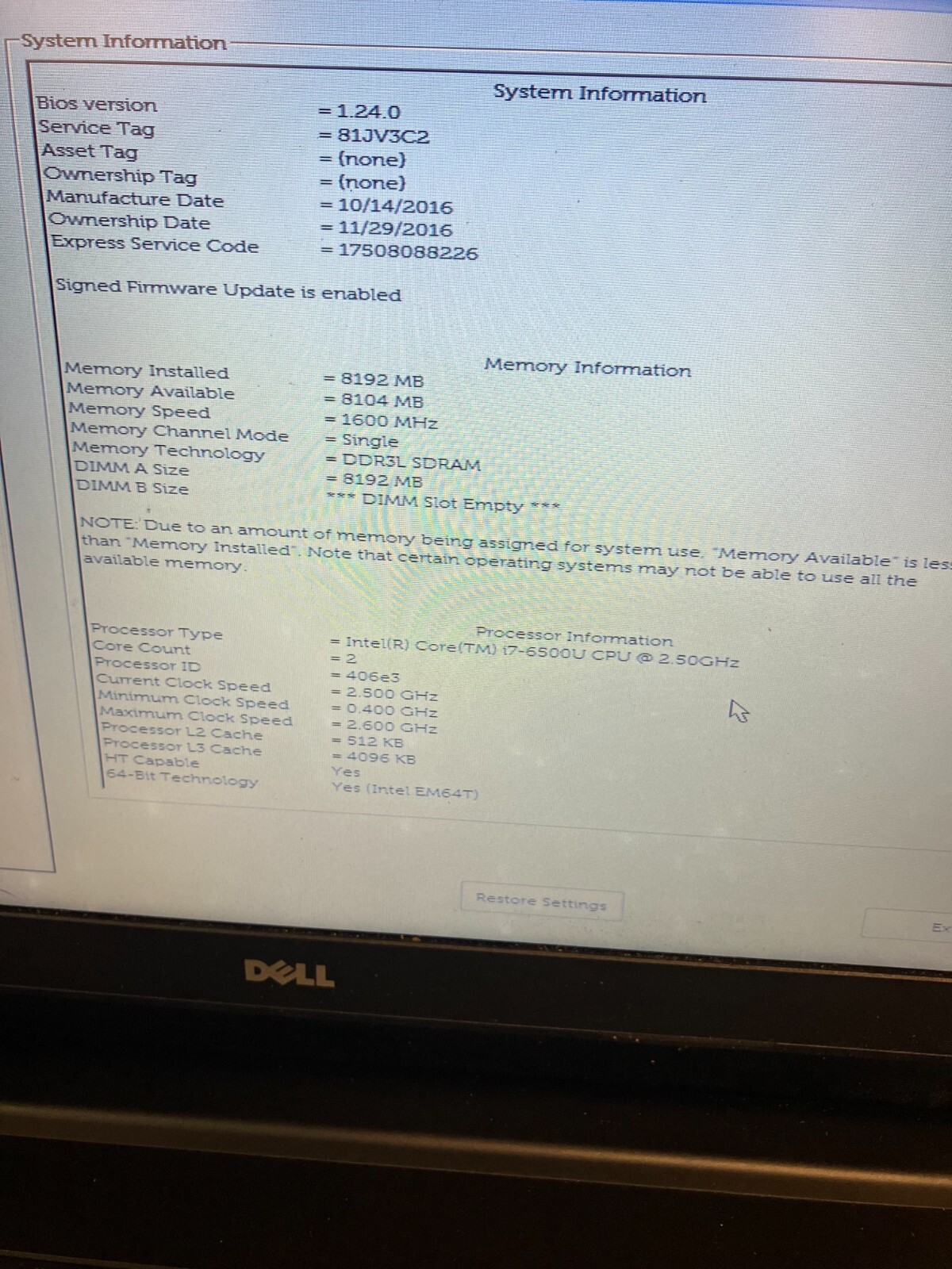 Dell Latitude 3570 15″ Core i7-6500U 2.5GHz 8GB RAM NO HDD FOR PARTS