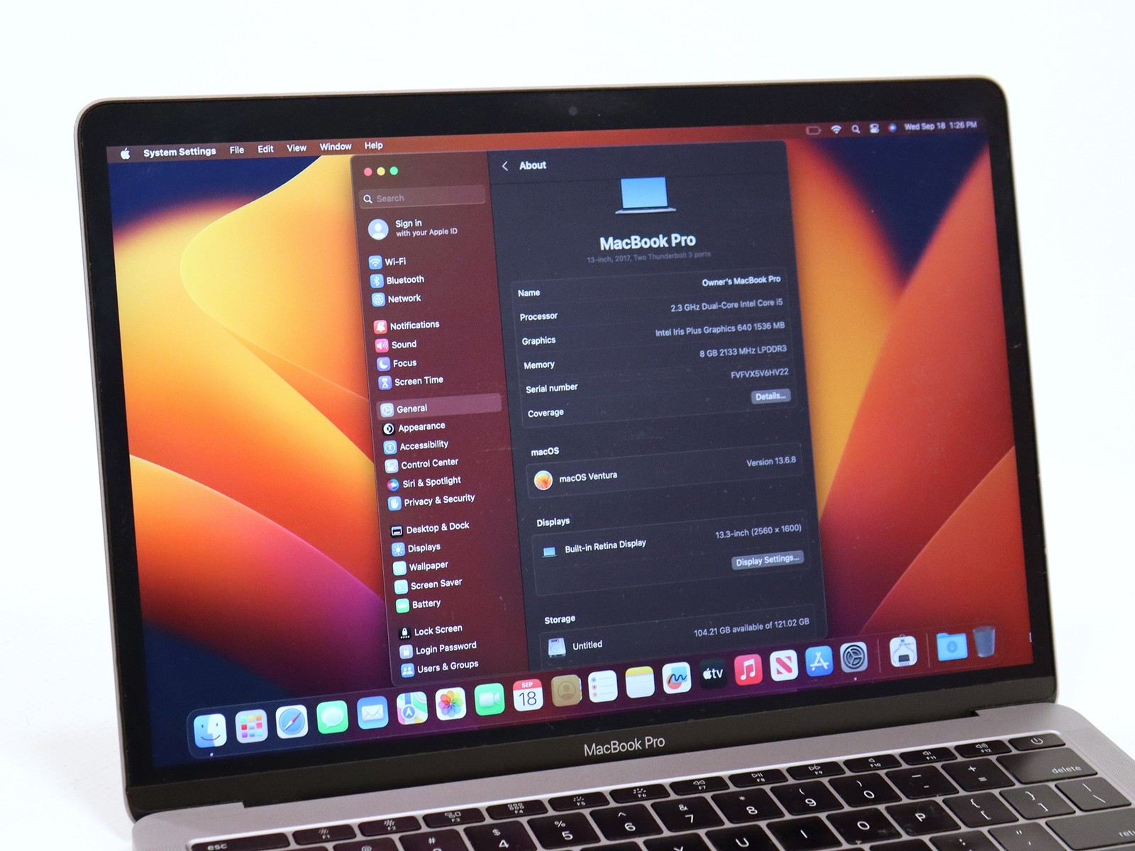 Apple MacBook Pro a1708 Intel i5-7360U 8GB RAM 128GB NVMe Ventura 13.6.8