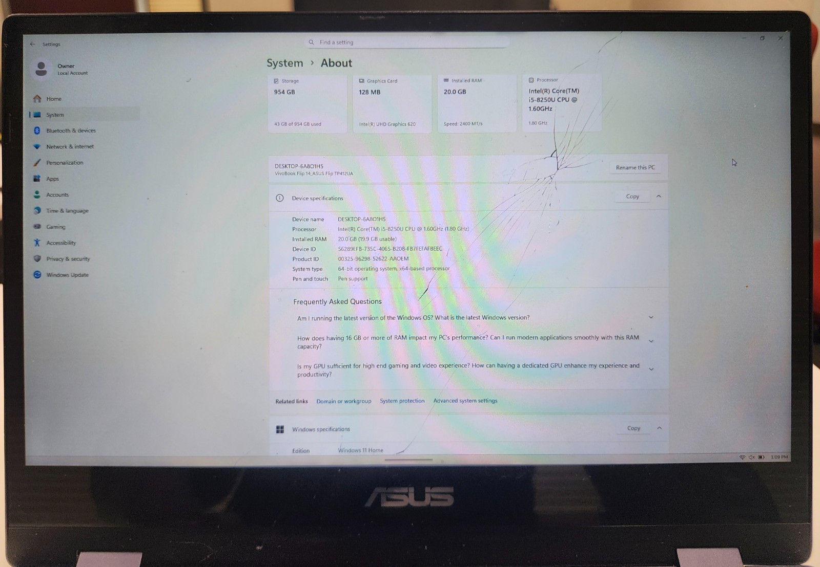 Asus VivoBook Flip TP412UA-DB51T i5-8250U 20GB RAM 1TB SSD W11P W/Chrger *READ*