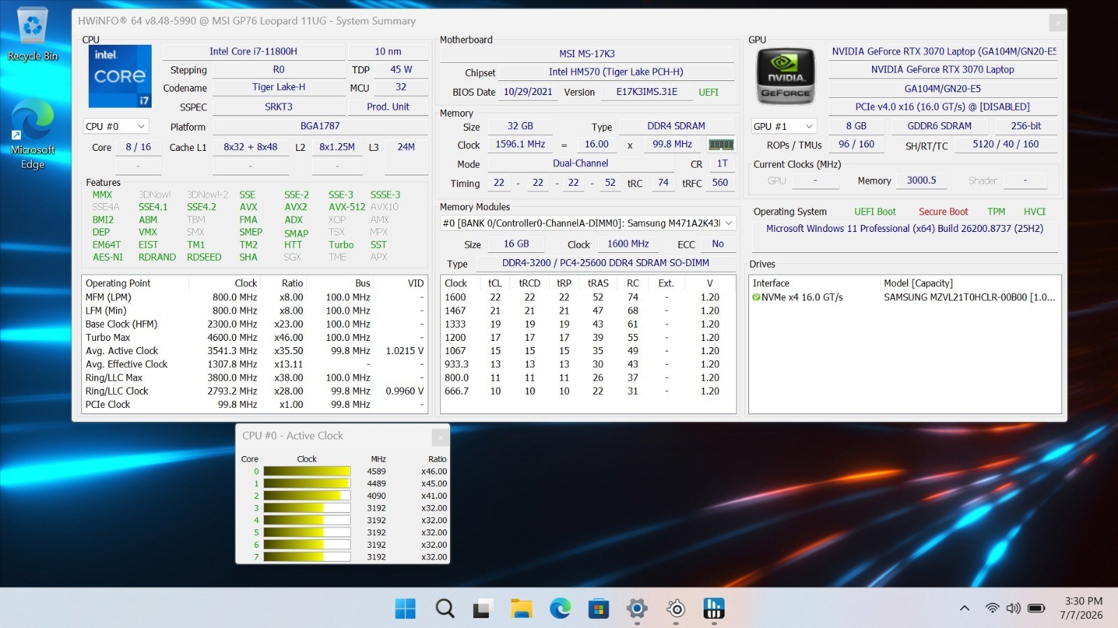 17″ MSI GP76 Leopard | i7 11th 32GB RAM 1TB SSD | FHD@300Hz RTX 3070 Backlit