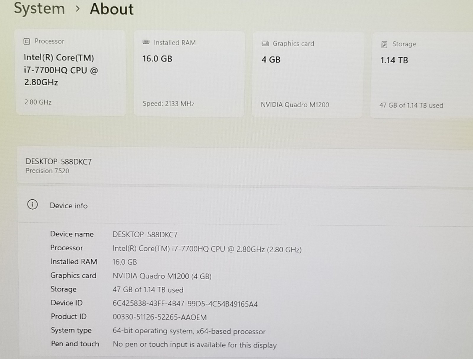 Dell Precision 7520 i7-7700HQ 16GB RAM 256GB SSD & 1TB HDD| Quadro M1200| WIN 11