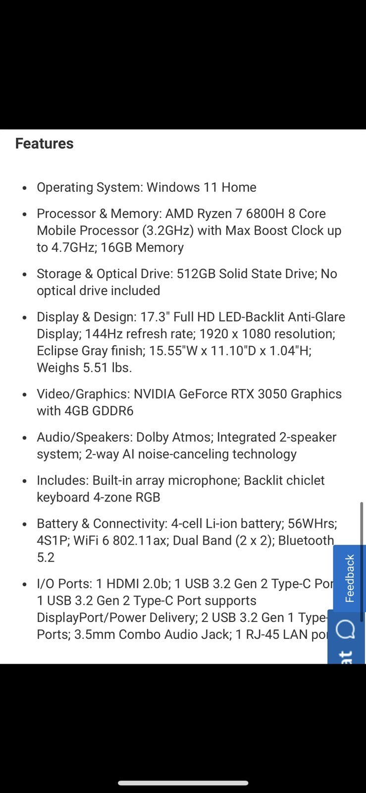 ASUS ROG Strix G17 Notebook/Laptop 17.3 in Black – G713RCRS73