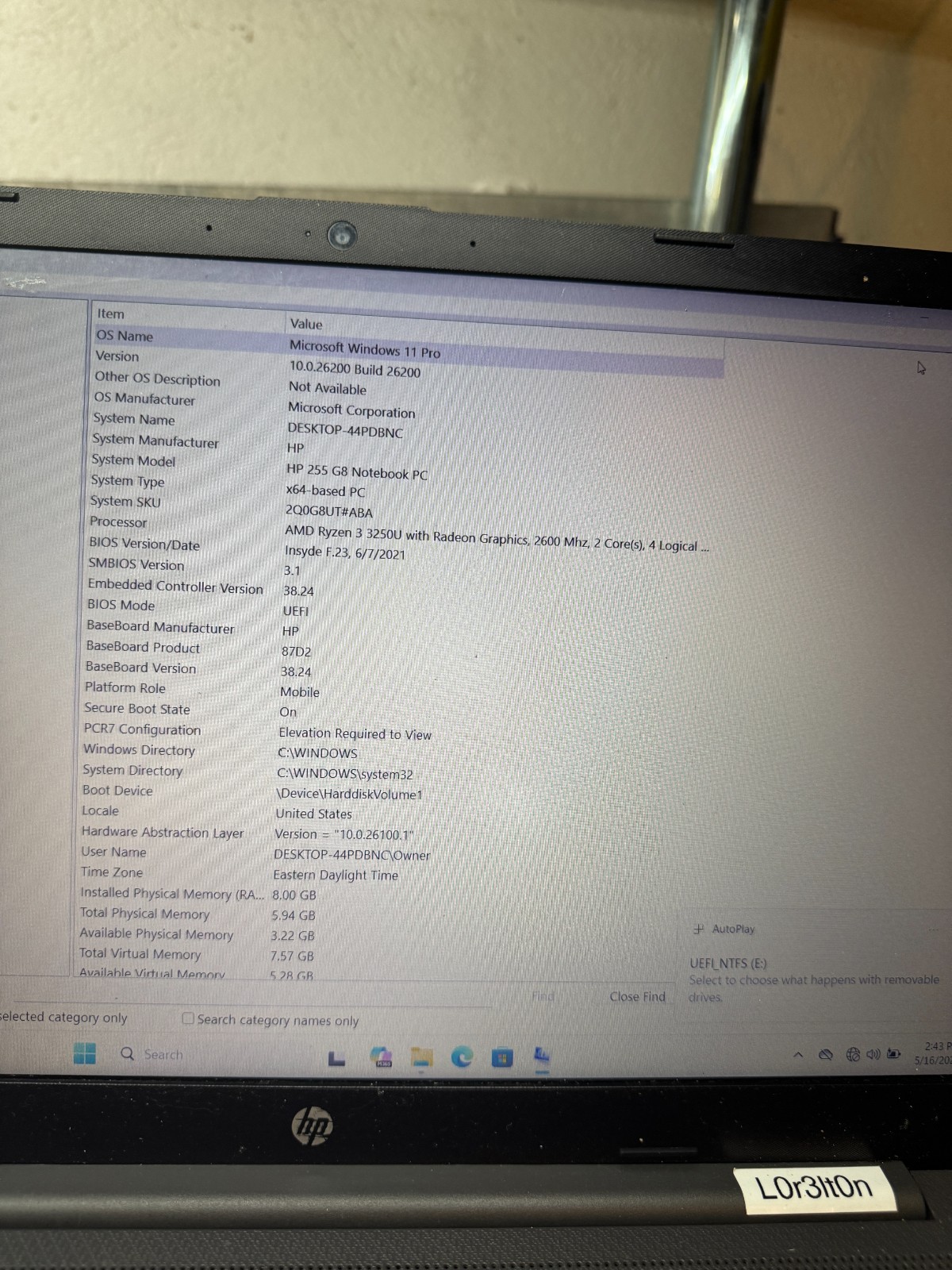 HP 255 G8 AMD Ryzen 3 3250 256GB SSD 8GB RAM Laptop For Repair #5636