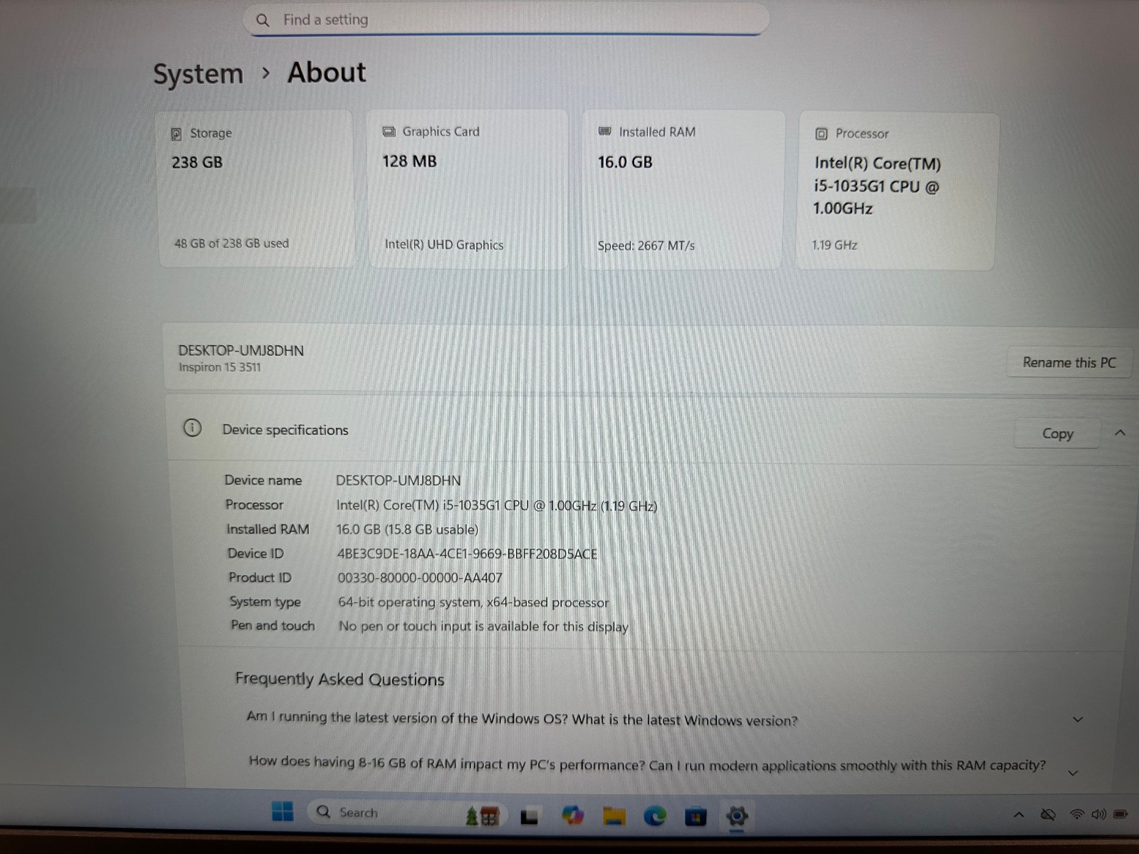 Dell Inspiron 15 3511 15.6″ i5-1035G1 16GB 256GB SSD Intel UHD Graphics W11 Pro