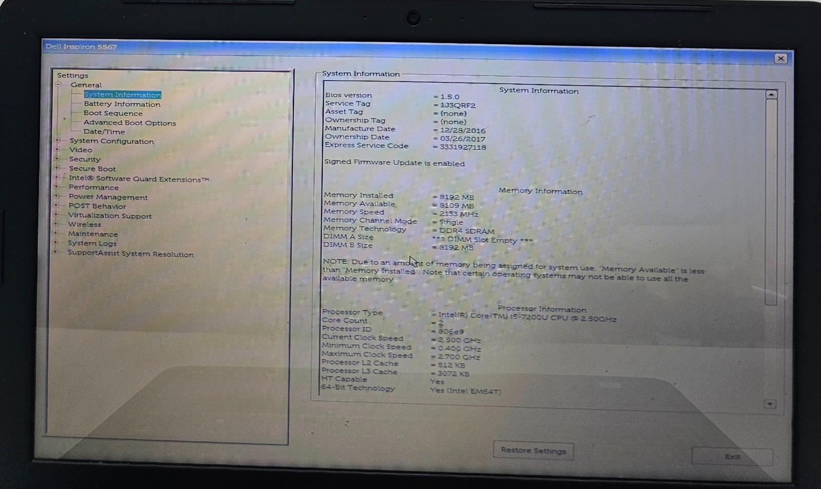 Dell Inspiron 15 5567 Laptop Intel Core i5-7200U 8GB RAM 1TB HDD No OS (FL)