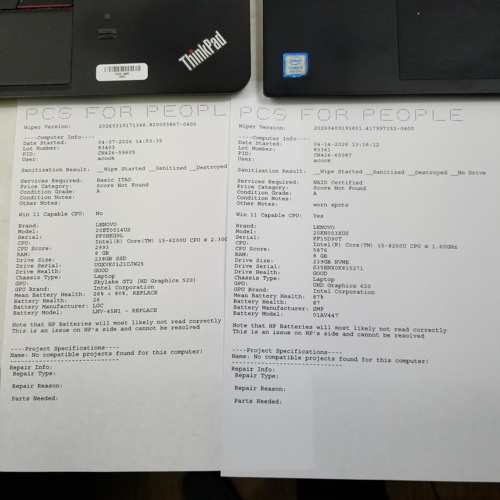 Lot of 4 Lenovo ThinkPad E480 / E460 14″ Core i5-8250U 1.60GHz 8GB RAM *READ*