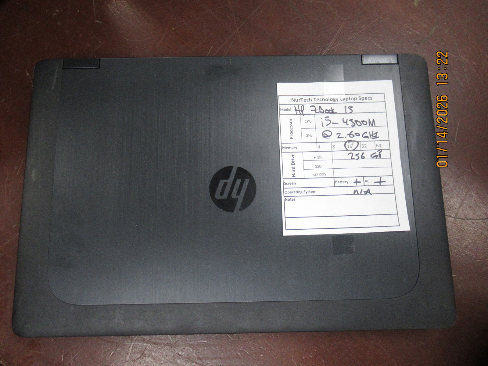 HP ZBook 15 15.6″ Intel i5-4300M 2.60GHz 16GB 256GB HDD Laptop w/ AC [NO OS]
