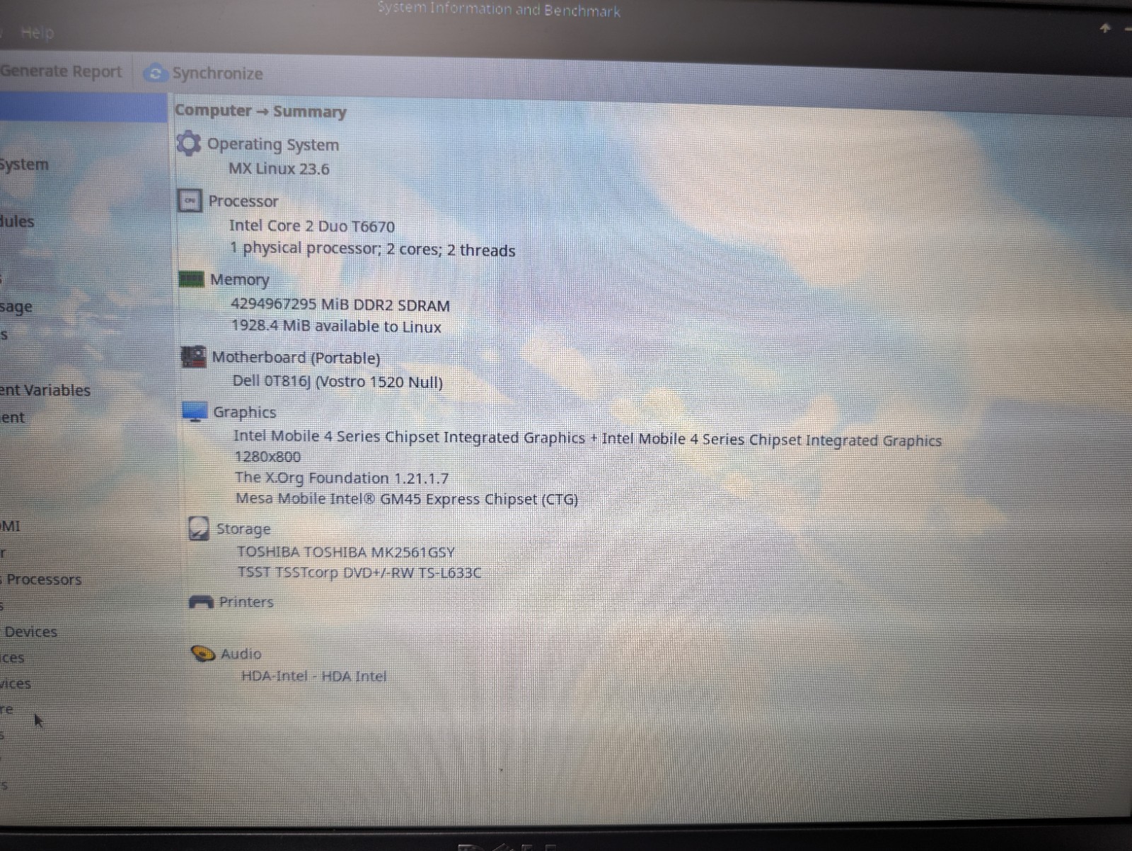 Dell Vostro 1520 Core 2 Duo T6670 2 GB RAM 500GB HDD MX Linux Needs Battery